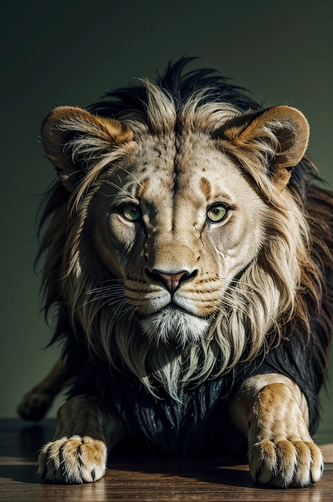 A lion with stylized features, dark green palette colors, subtle elements that refer to the financial market, like a graph or currency, a stylized safe, Friendly and confident expression