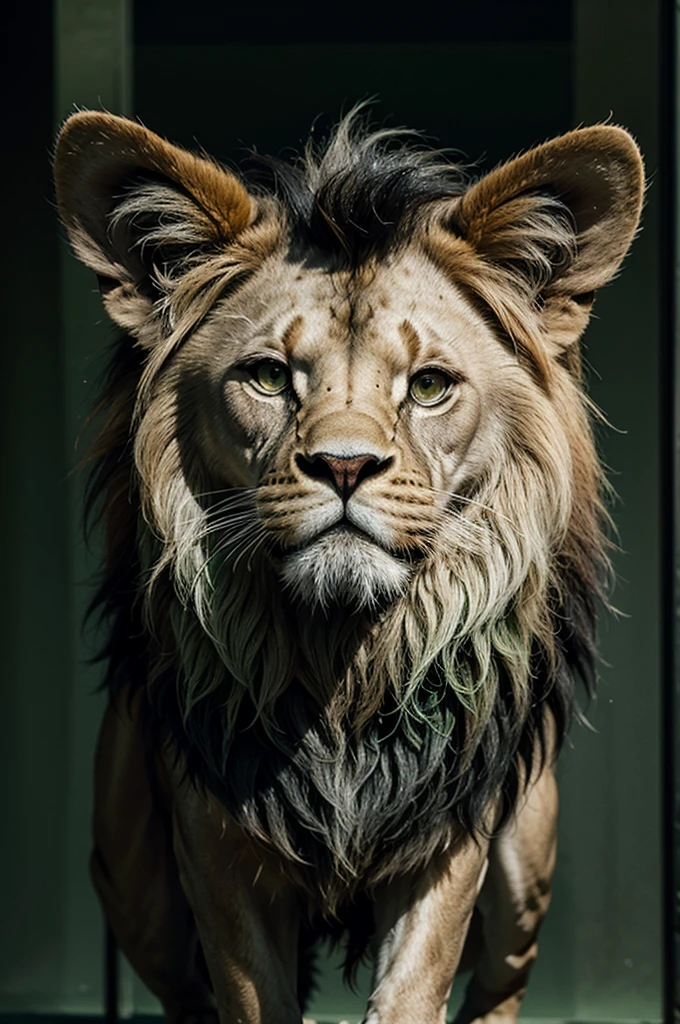 A lion with stylized features, dark green palette colors, subtle elements that refer to the financial market, like a graph or currency, a stylized safe, Friendly and confident expression