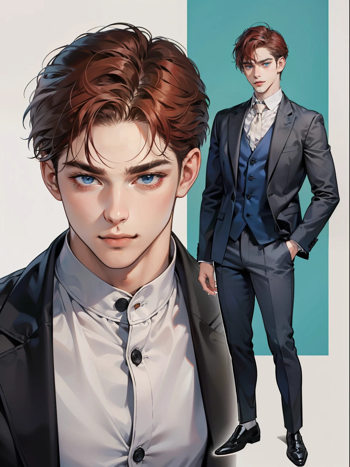 masterpiece, best quality, realistic, 1man, mature male, quiet and charming  man, 25 year old, serious look, closed mouth, portrait, extremely detailed face, cold smile in love, ((dark grey blue eyes)), ((short-right-swept dark Red hair)), [thick eyebrows], ((suit)), handsome, full body, western, Jewish, light brown skin,