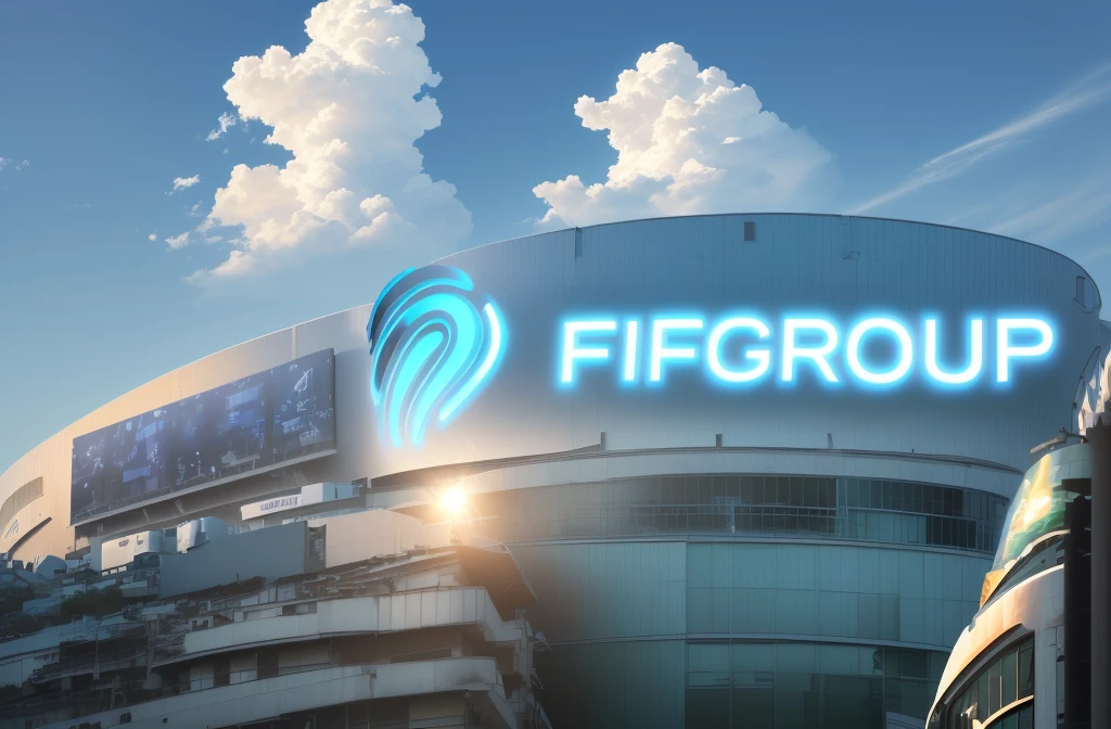 "FIFGROUP" logo on a building, With a digital clock beside it