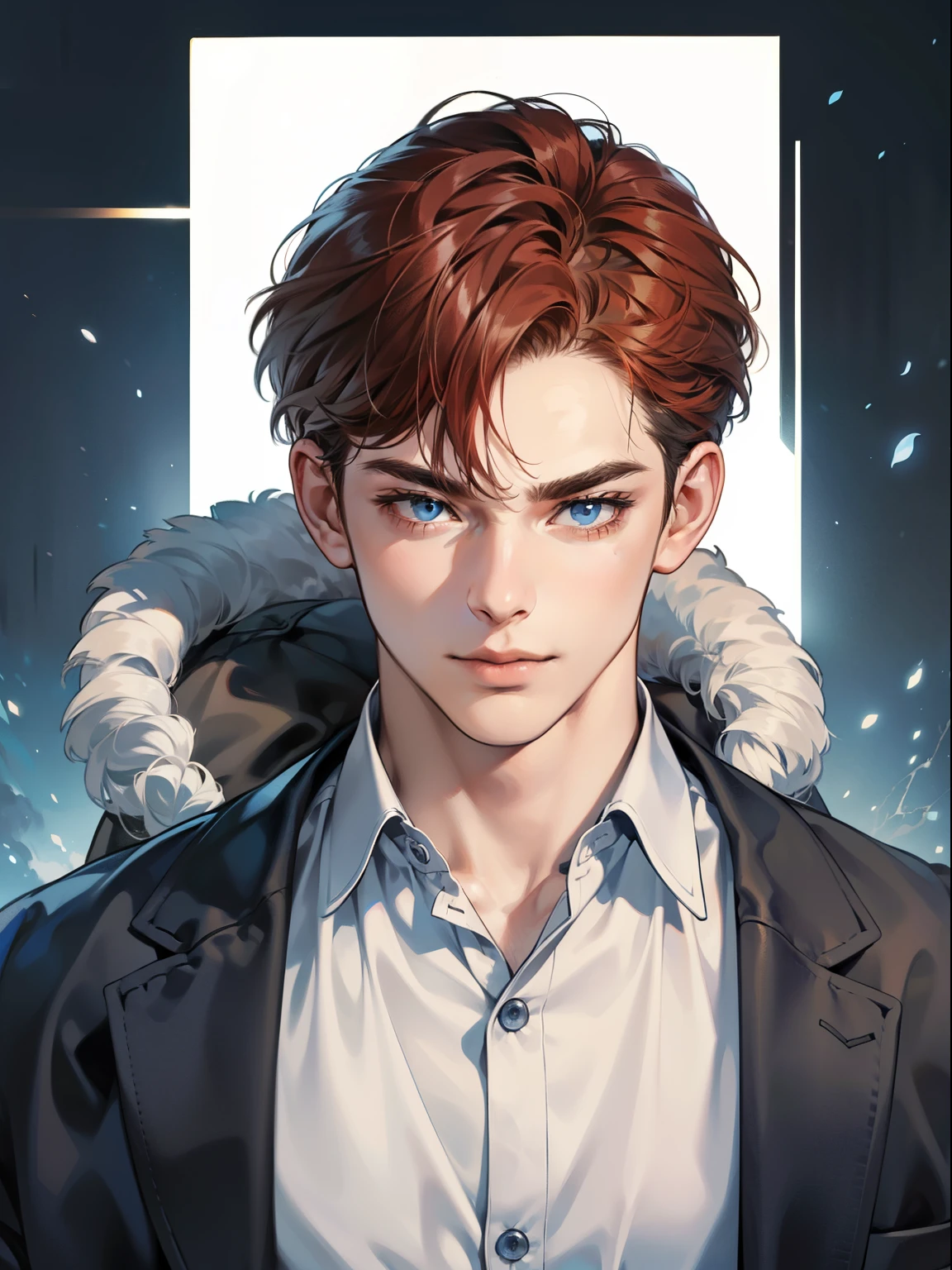 masterpiece, best quality, realistic, 1man, mature male, quiet and charming  man, 25 year old, serious look, closed mouth, portrait, extremely detailed face, cold smile in love, ((dark grey blue eyes)), ((short-right-swept dark Red hair)), [thick eyebrows], ((suit)), handsome, full body, western, Jewish, light brown skin,