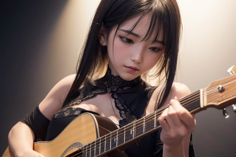 (Highest quality,8k,High resolution,masterpiece:1.2),((masterpiece,Highest quality)), 非常に詳細なHigh resolution, A girl in her fifties singing into a microphone while playing the guitar, Perform on stage, vocalist, Live Performance, (Slender body:1.5),((small breasts:1.5),Highly detailed skin and facial textures:1.3, Ultra detailed face, Detailed hands and fingers, Beautiful attention to detail,Beautiful lip detail,Singer-songwriter, Playing guitar on stage, Woman Playing Guitar, Gombi, Photo taken with Nikon D750, Shot with Canon EOS 5D Mark IV, Girl playing guitar, musician