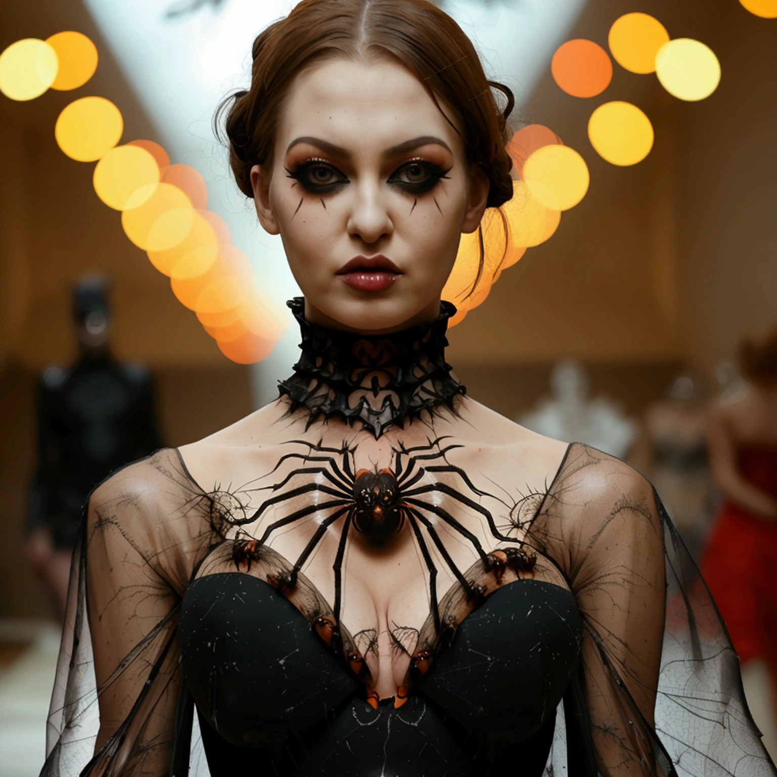 full body shot, fashion photography, a model wearing a (((dress made of creepy spiders))), (((horrorcore))), walking down the catwalk, highly detailed, intricate, fashion shoot, 8k, award winning photography, her (massive breasts:1.4) and (deep cleavage:1.2)