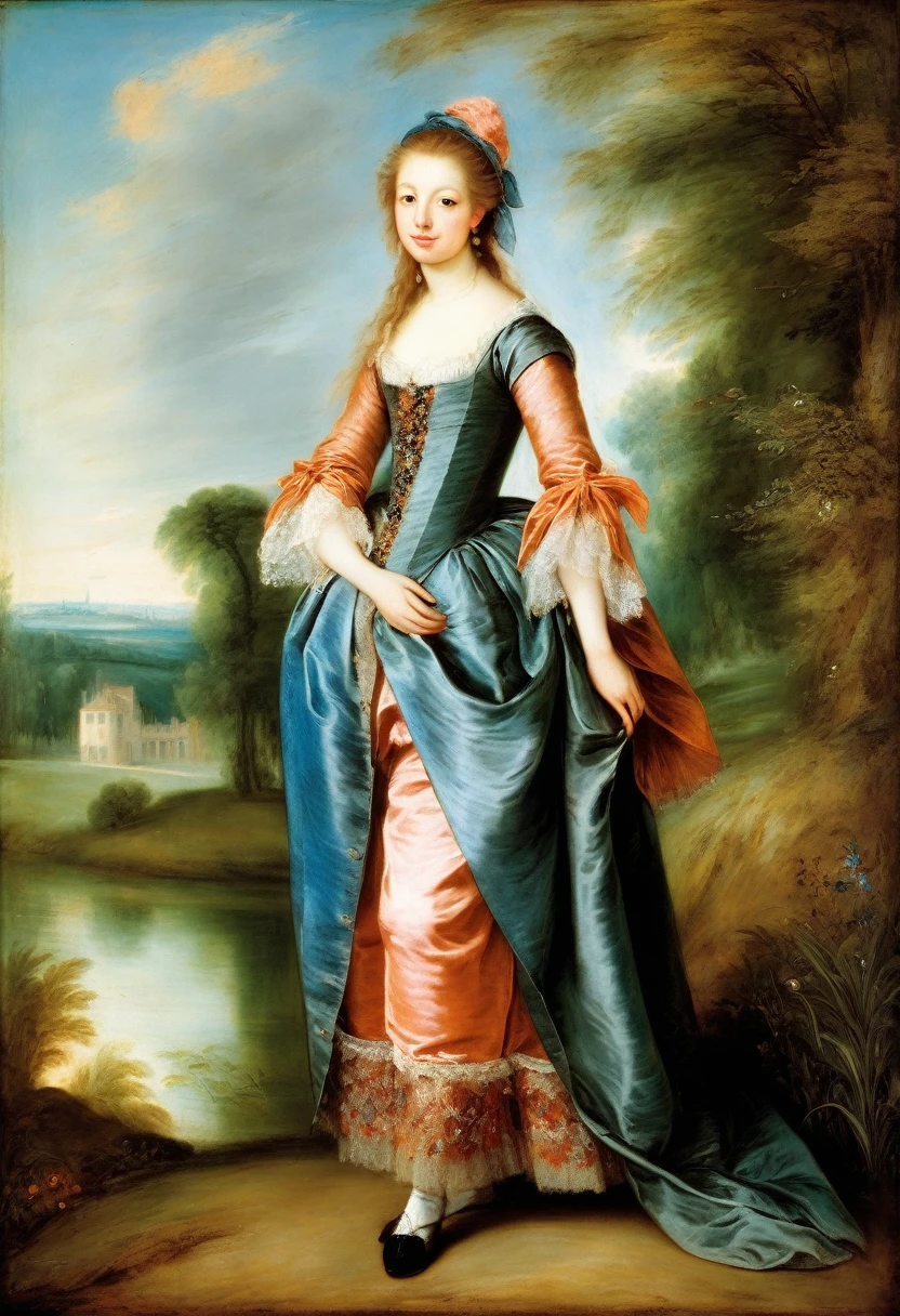 [[(full-length front view: young attractive girl) ((style Jean Antoine Watteau))]/[background:amazing Renaissance landscape based on Jean Antoine Watteau) (masterpiece)], oil painting, extreme detail, intricate, unusual, ((best quality))]