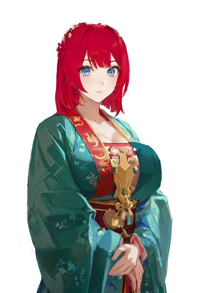 A red-haired man in a blue robe, Produced in collaboration with Anime Painter Studio, In the anime painter studio, April Rendering, A rendering of Mirabelle Madrigal, Erza Scarlet as a real person, Anime woman, She has red hair, female anime character, Demon Slayer Rui Fan Art, ((Wearing noble robes)), Wearing Kimono，Blue Eyes，huge ，sex body，big boods，Hanfu，Chinese style，Serious expression，Three Kingdoms，Dynasty Warriors，Silk clothes，Huge Breasts，Blue Eyes