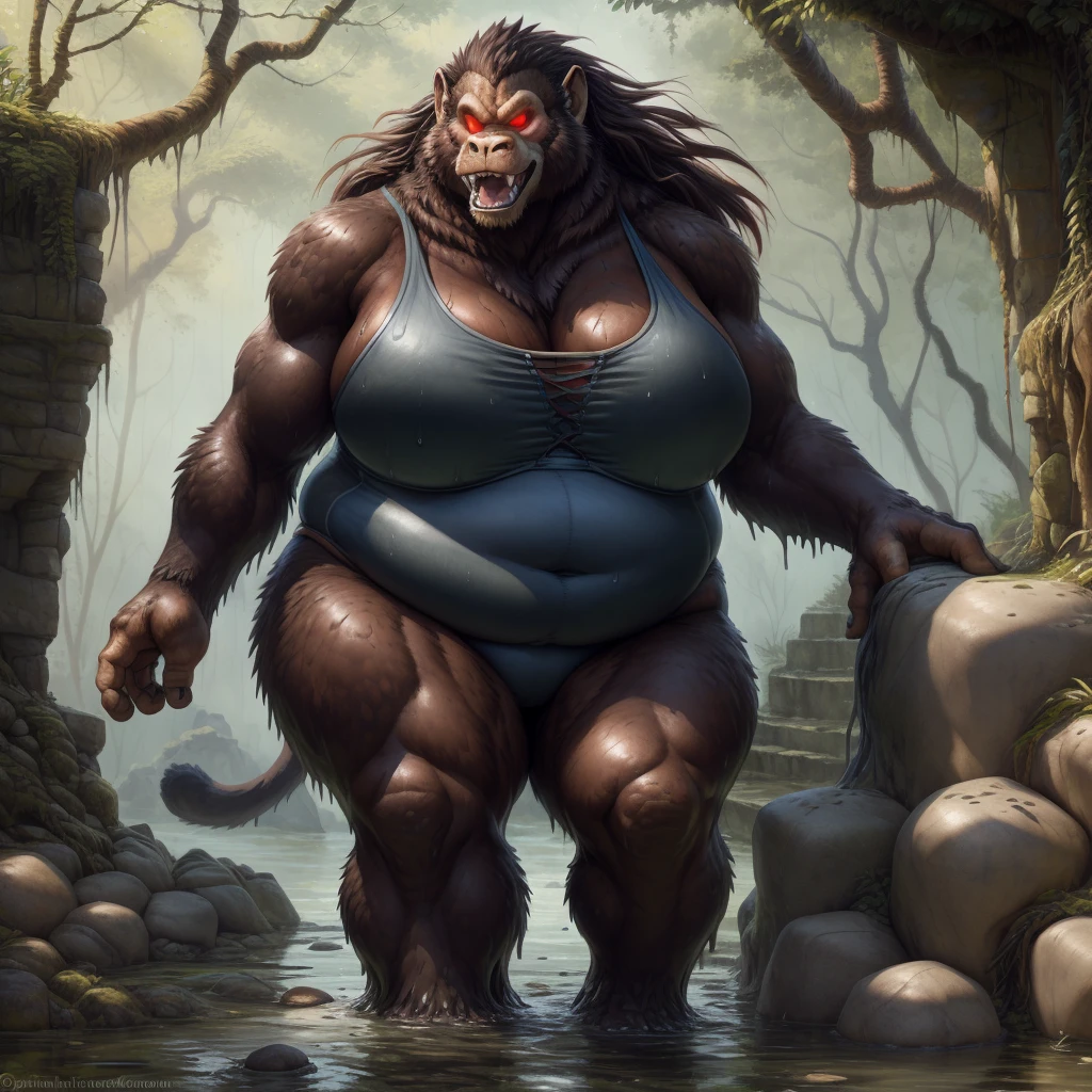 solo, breath (ultra detailed), a beautiful and detailed full size portrait of a female anthro gorilla, oozaru, brown fur, fur body, monkey tail, red eyes, close up view, glowing eyes, empty eyes, tail, bedroom eyes, detailed eyes, big body, sexy body, (wide body). goddess, kenket, Ross Tran,ruan jia, trending on artstation,foxovh, cenematic lighting, front view, big breaths, huge boobs, big , big fat boobs, big , big , big , wet, raining, day, fat, obese, (((stone hallway, distant swamp, little rocks, walking outside water, stairs,seductive))), curvy figure, (((one piece bikini))), angry, open mouth, blush,
