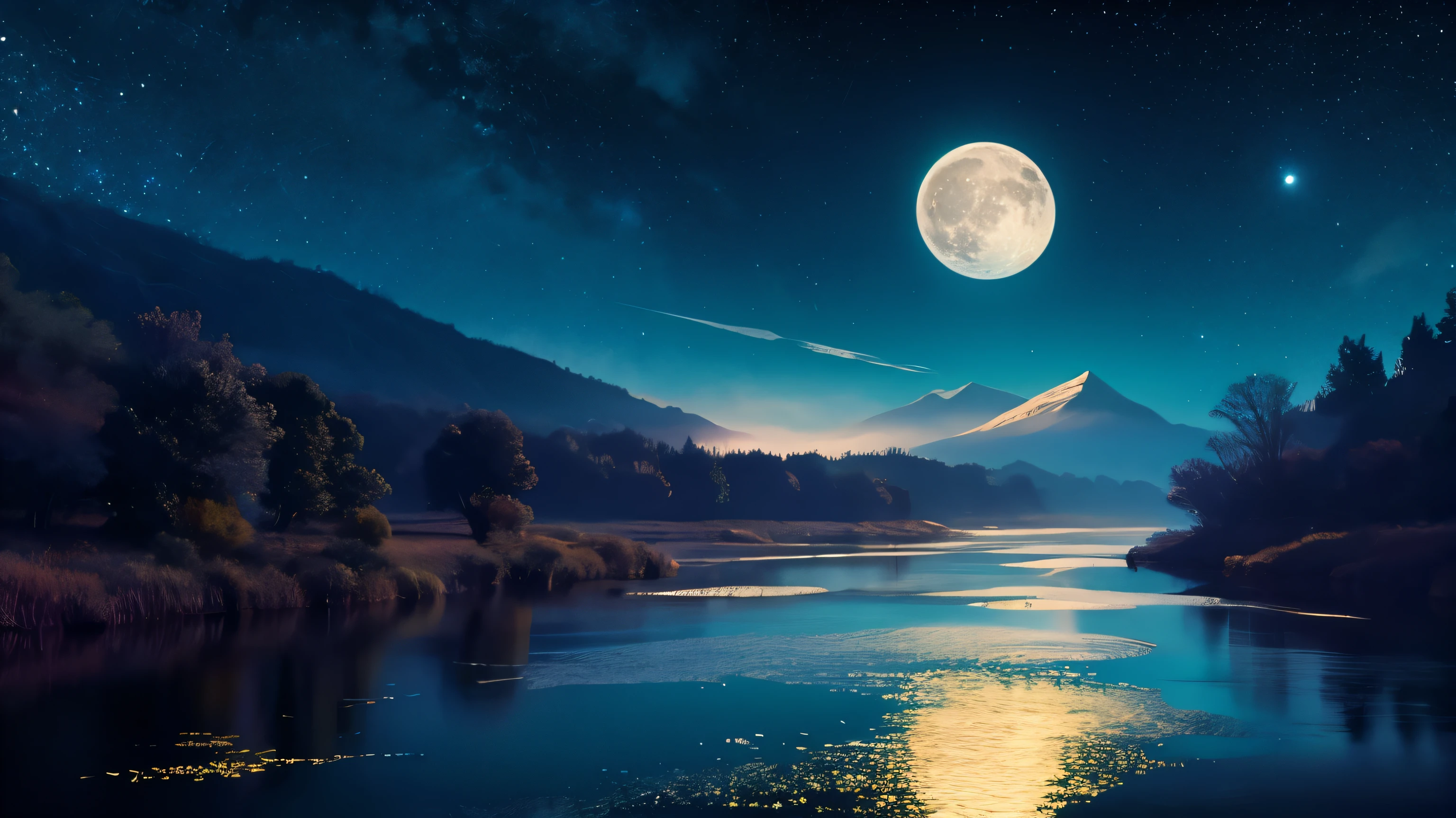 Painting of a river with stars and moon floating in the sky, Concept art inspired by Mitsuoki Tosa, pixiv Contest Winner, highest quality, Fantasy art, Beautiful anime scene, Golden Moon. Bright Moon, Starry Sky environment under the moonlight, Dream painting, Anime Background art, Fantasy Landscape Painting, A dreamlike night, Anime Background, Background artwork, Dreamy Art, Atmospheric anime, Starry Sky, Detail enhancements.