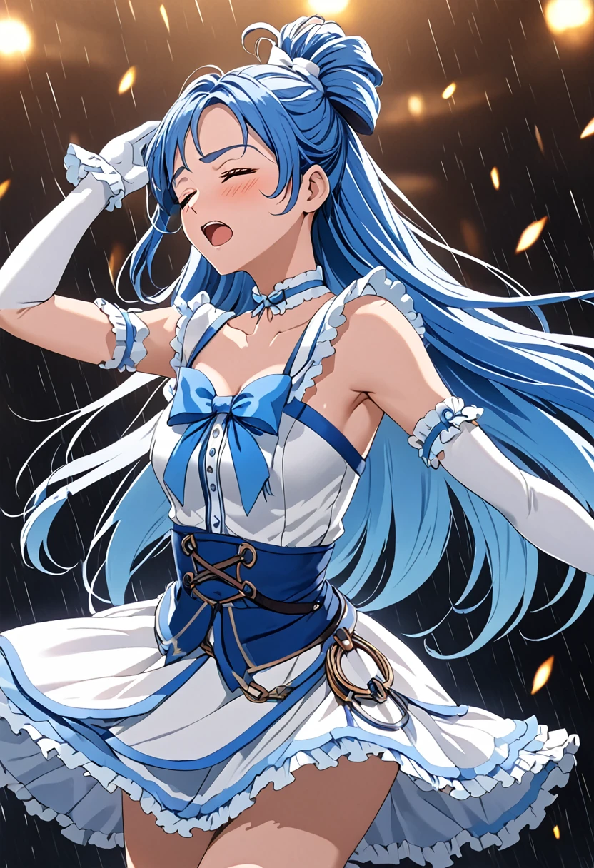 (Suffering from being held by a muscular man:1.5)、Cure White,hair ribbon,Chest ribbon, mini skirt, white choker, thigh straps, elbow gloves, detailed hair and outfit, long flowing blue hair, white and blue frilly dress, white gloves and boots, blushing, feeling pain, suffering from arm being bitten by enemy, dynamic and intense scene, background with sound waves, eyes closed, masterpiece, best quality, highly detailed background, perfect lighting, (beautiful, best quality: 1.1), masterpiece, perfect eyes, (beautiful), (erotic: 1.2)