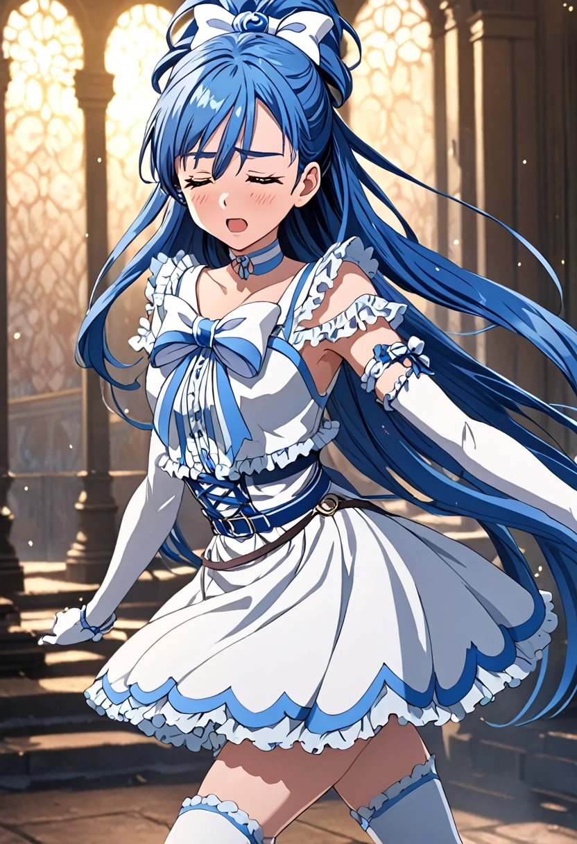 (Suffering from being held by a muscular man:1.5)、Cure White,hair ribbon,Chest ribbon, mini skirt, white choker, thigh straps, elbow gloves, detailed hair and outfit, long flowing blue hair, white and blue frilly dress, white gloves and boots, blushing, feeling pain, suffering from arm being bitten by enemy, dynamic and intense scene, background with sound waves, eyes closed, masterpiece, best quality, highly detailed background, perfect lighting, (beautiful, best quality: 1.1), masterpiece, perfect eyes, (beautiful), (erotic: 1.2)