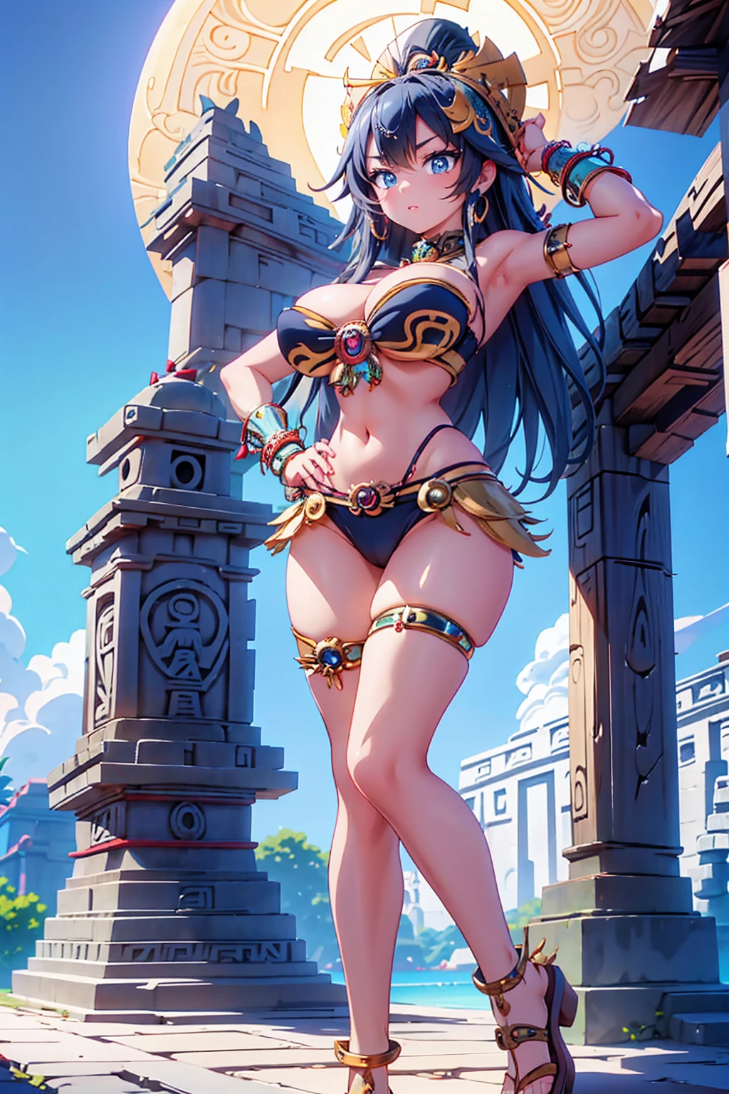 Anime Kawaii sexy Perfect Slim sensual body large breast and huge thighs, An intricate and highly detailed illustration of anime (Young girl). (((Aztec Goddess))) best qualityer, ultra-high resolution, Detailed CG in 4K, work of art, Coyolxauhqui ,moon goddess, aztec mythology, Aztec temple, Aztec clothing, natta, Mexico, aesthetics, Beautiful picture, centered on screen