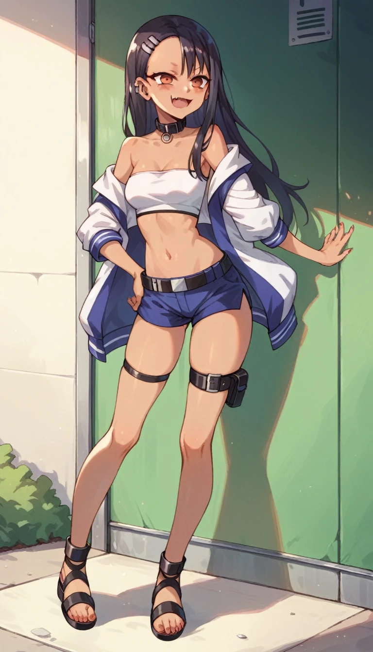 nagatoro, tube top,  short shorts, cropped jacket, sandals, hair ribbon, hairclip, earrings, high belt, thigh strap, varsity jacket, black collar, long hair,