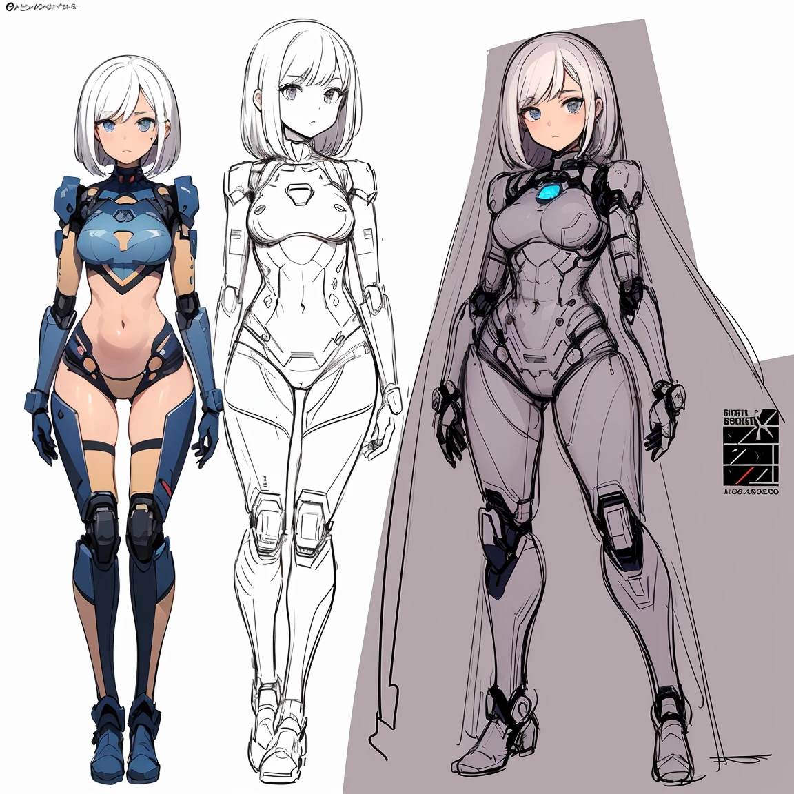 1girl, reference sheet, (character design, front, back, side) German girl, character sheet, nsfv body, (masterpiece:1.2), (best quality:1.3), android, robotic, segmented, refined crotch, naked robot, rubber chest, synthetic breasts, topless, (blush), (aesthetic face), (short hair), (cut hair), (straight hair), (golden hair), (light skin), (delicate features), (endowed chest), (large breasts), (thin waist)