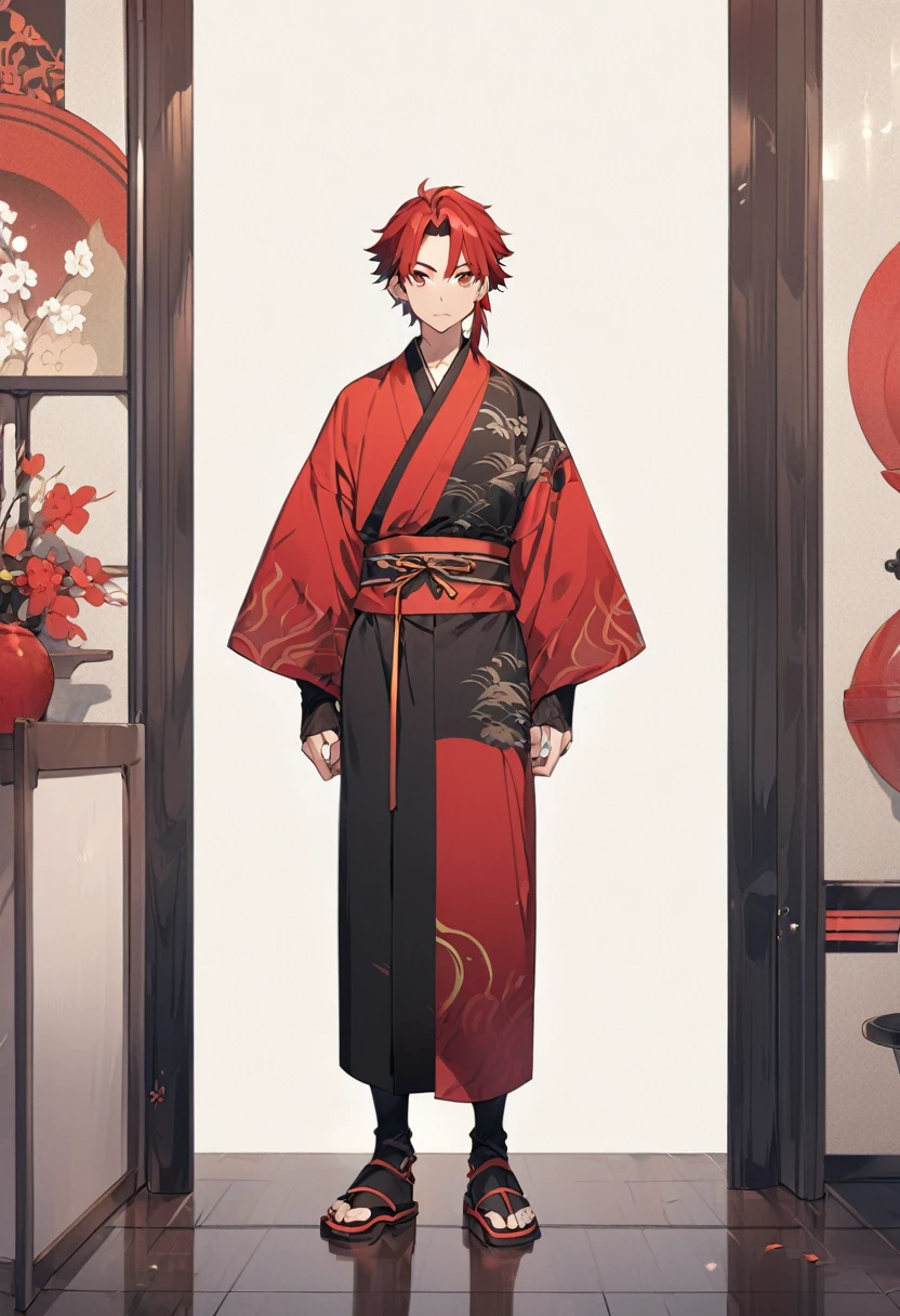 A anime man, black short mullet hair, red hair, black and red kimono, standing, full body, adult