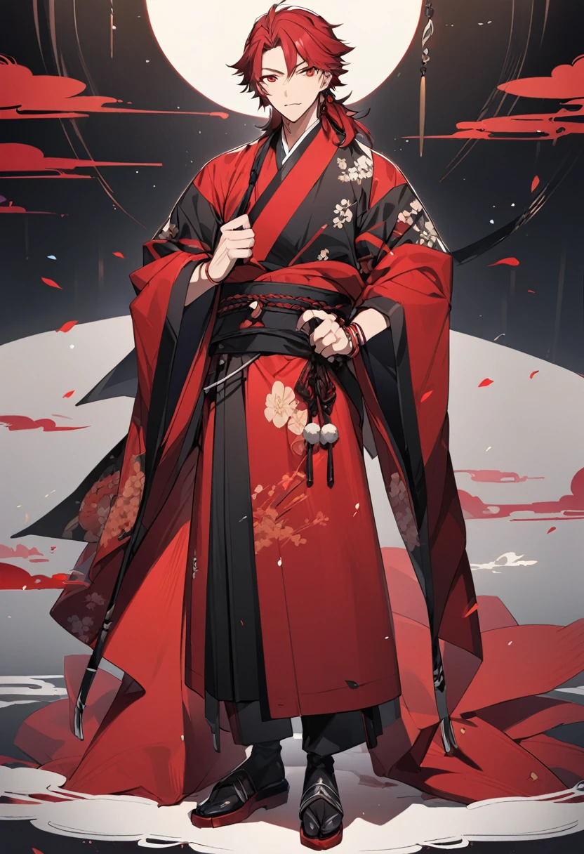 A anime man, black short mullet hair, red hair, black and red kimono, standing, full body, adult