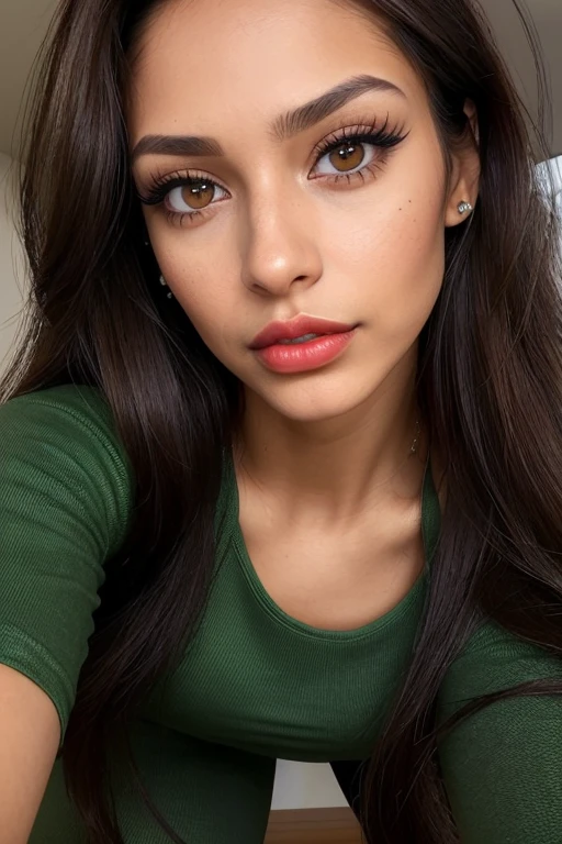 (Close-up view to face:1.3), latina girl (26 years old:1.2), with very very long legs, brown hair, skinny body, very tiny waist, (abs:0.7), nice chest, small hips, big , (bright green eyes:1.2)(smokey eyeshadow, black eyeliner, red lips) standing and looking at viewer (leggings and shirt)(gameroomconcept)(cyberpunkinterior) nice clevage 