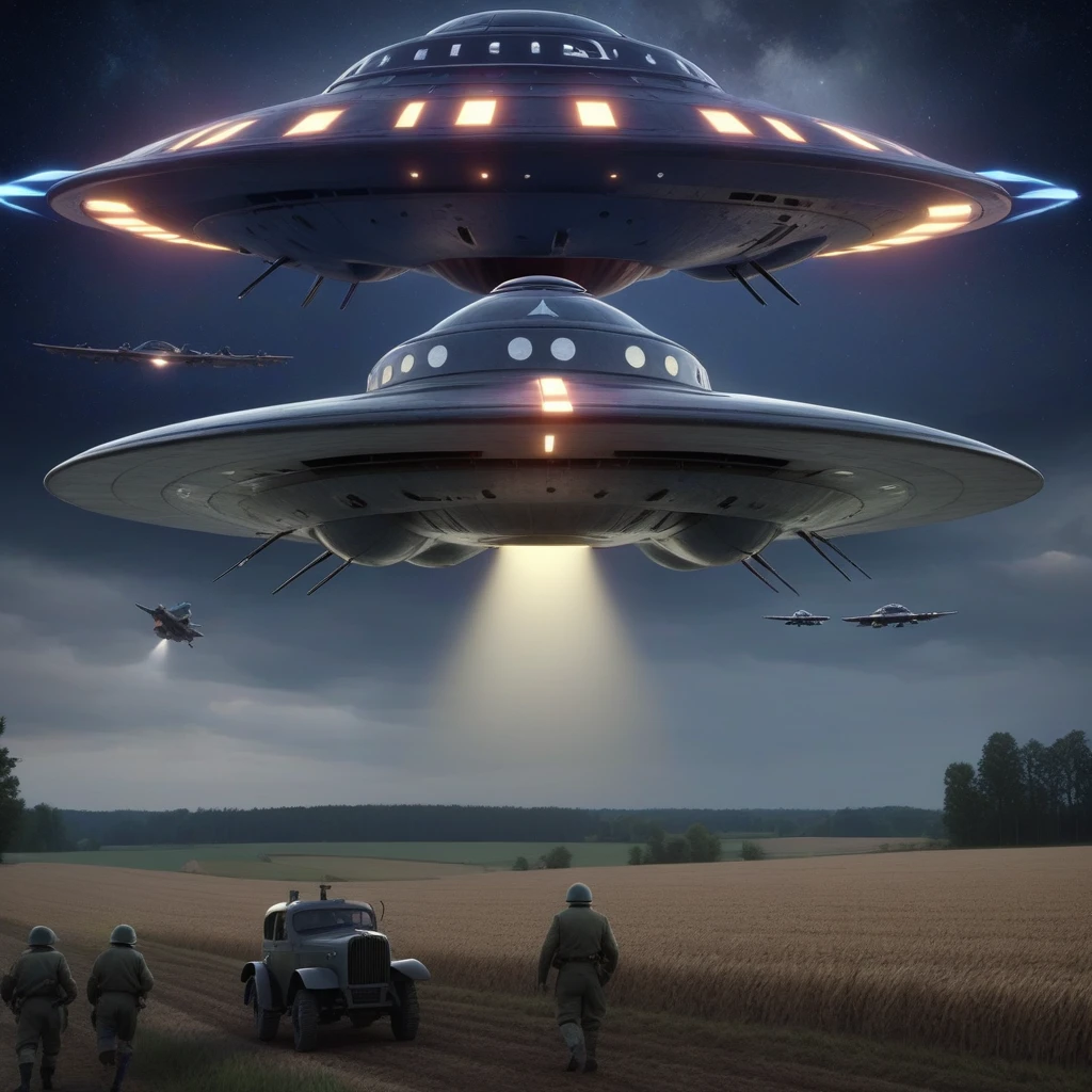 1943, Germany by night, FooFighters Rundflugzug spacecraft UFO , allied forces aircraft are chased by hanebu sky, UAP, 4k, tack sharp, DSLR
