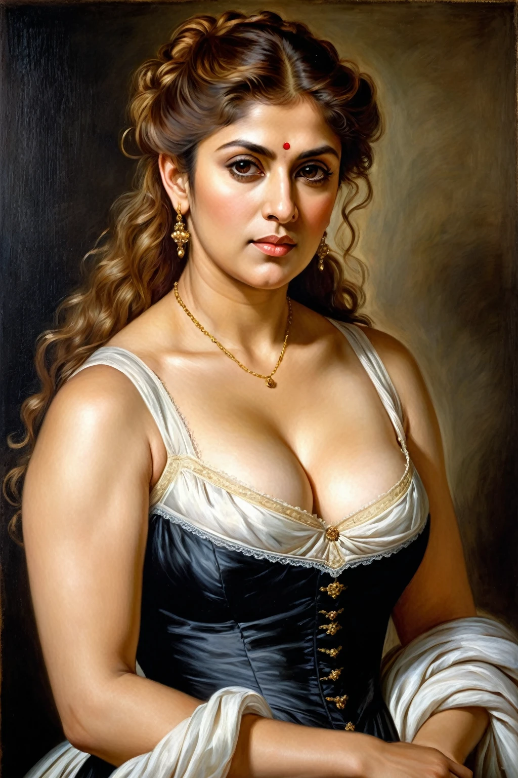 Looks like Nayanthara, portrait painting of a thick Beautiful middle aged woman, extremely gorgeous, wearing a Victorian Camisole dress or chemise, by Peter Paul Rubens, in Peter Paul Rubens style, by Caravaggio, intricate, flawless, masterpiece, Best quality, 