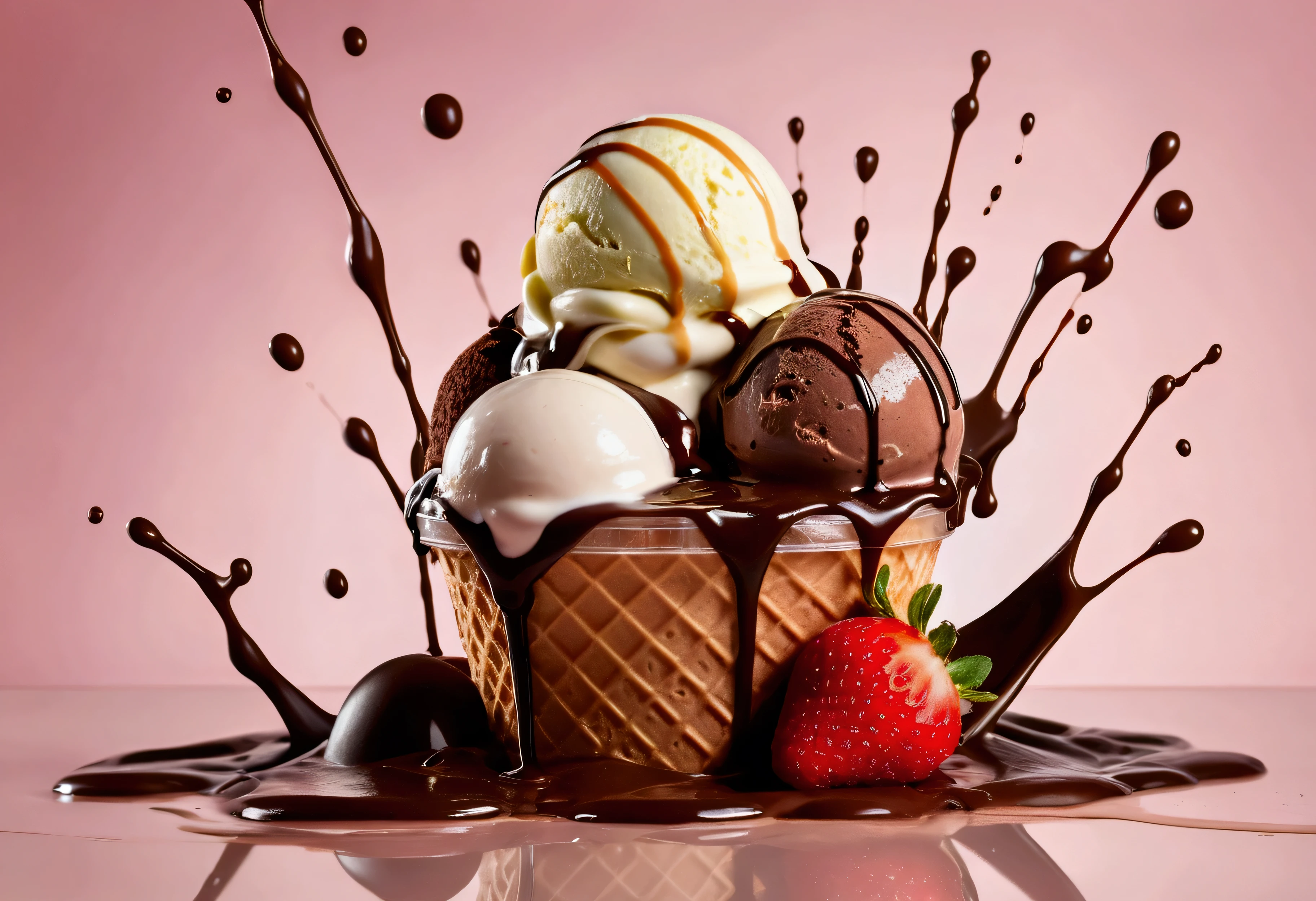 a picture of a fruity ice cream, yogurt and chocolate splashing in the elegant cream color background like in a commercial, everything in focus
