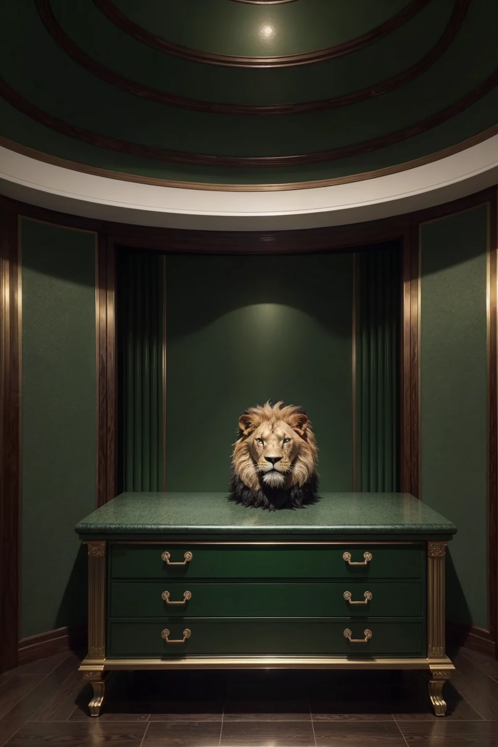 a stylized lion, dark green color palette, subtle financial market elements (like a chart or coin), a stylized safe, business attire, confident