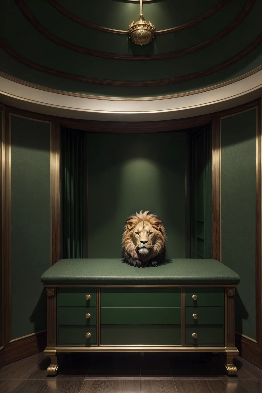 a stylized lion, dark green color palette, subtle financial market elements (like a chart or coin), a stylized safe, business attire, confident