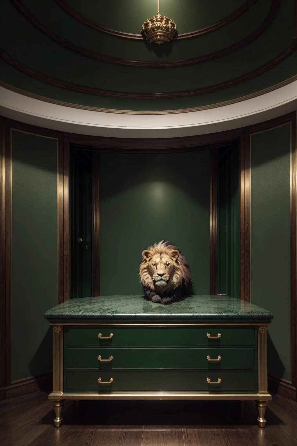 a stylized lion, dark green color palette, subtle financial market elements (like a chart or coin), a stylized safe, business attire, confident