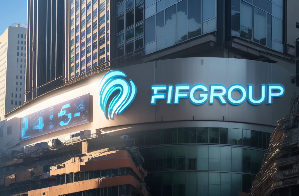 "FIFGROUP" logo on a building, With a digital clock beside it