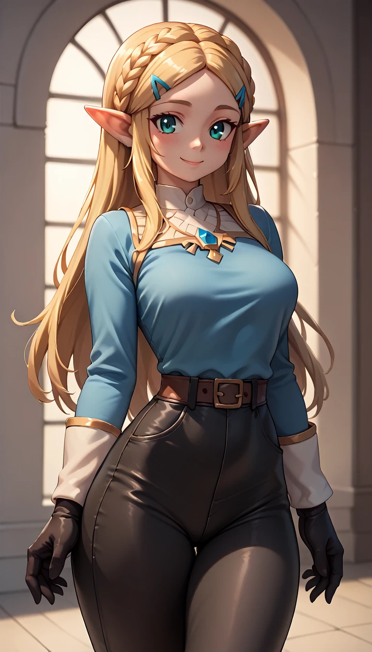 High resolution, Very detailed, perfect lighting, beautiful detailed eyes,   ((masterpiece,Best Quality)), absurdities, Alone,     princess zelda, by the wide, crown braid, Hair clip, pointy ears, blue shirt, long sleeves, Gloves without fingers, black gloves, Black pants, tight pants, smile, curves, nod,   , 