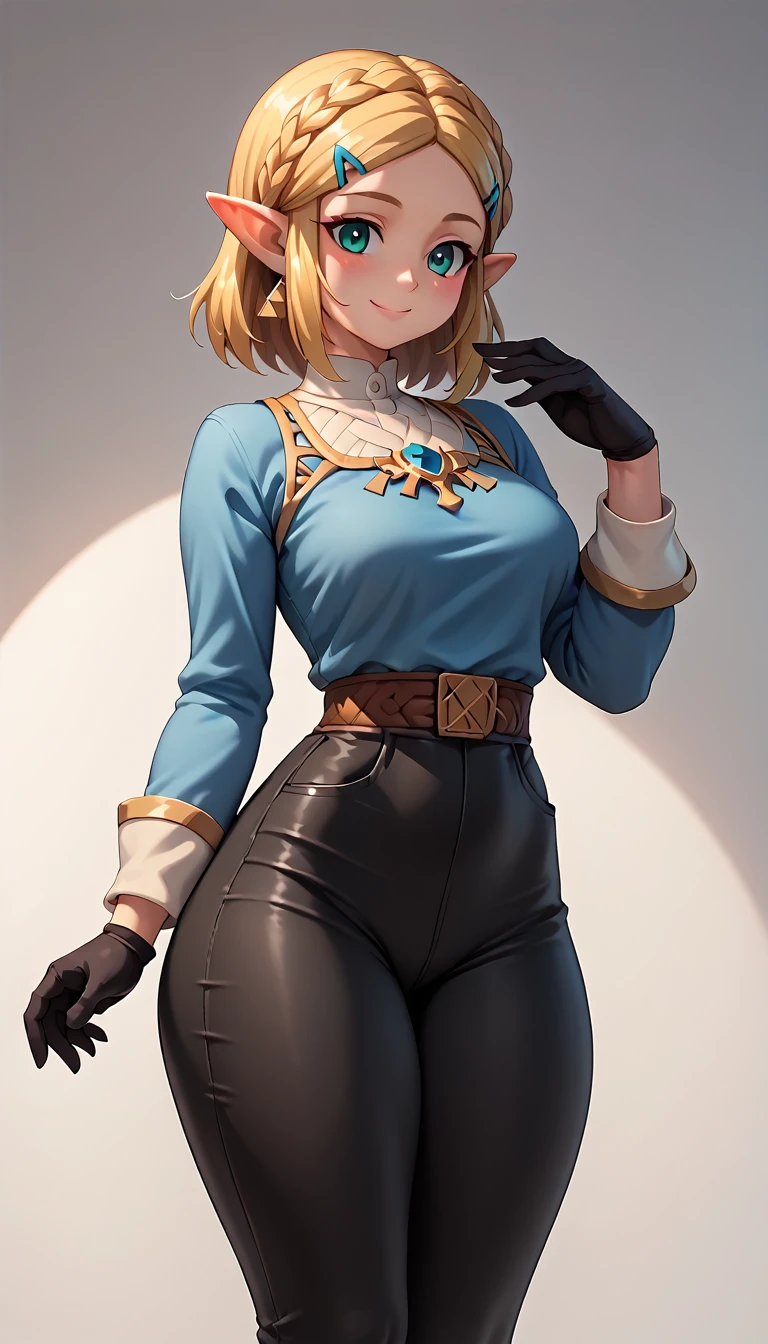 High resolution, Very detailed, perfect lighting, beautiful detailed eyes,   ((masterpiece,Best Quality)), absurdities, Alone,     princess zelda, by the wide, crown braid, Hair clip, pointy ears, blue shirt, long sleeves, Gloves without fingers, black gloves, Black pants, tight pants, smile, curves, nod,   , 