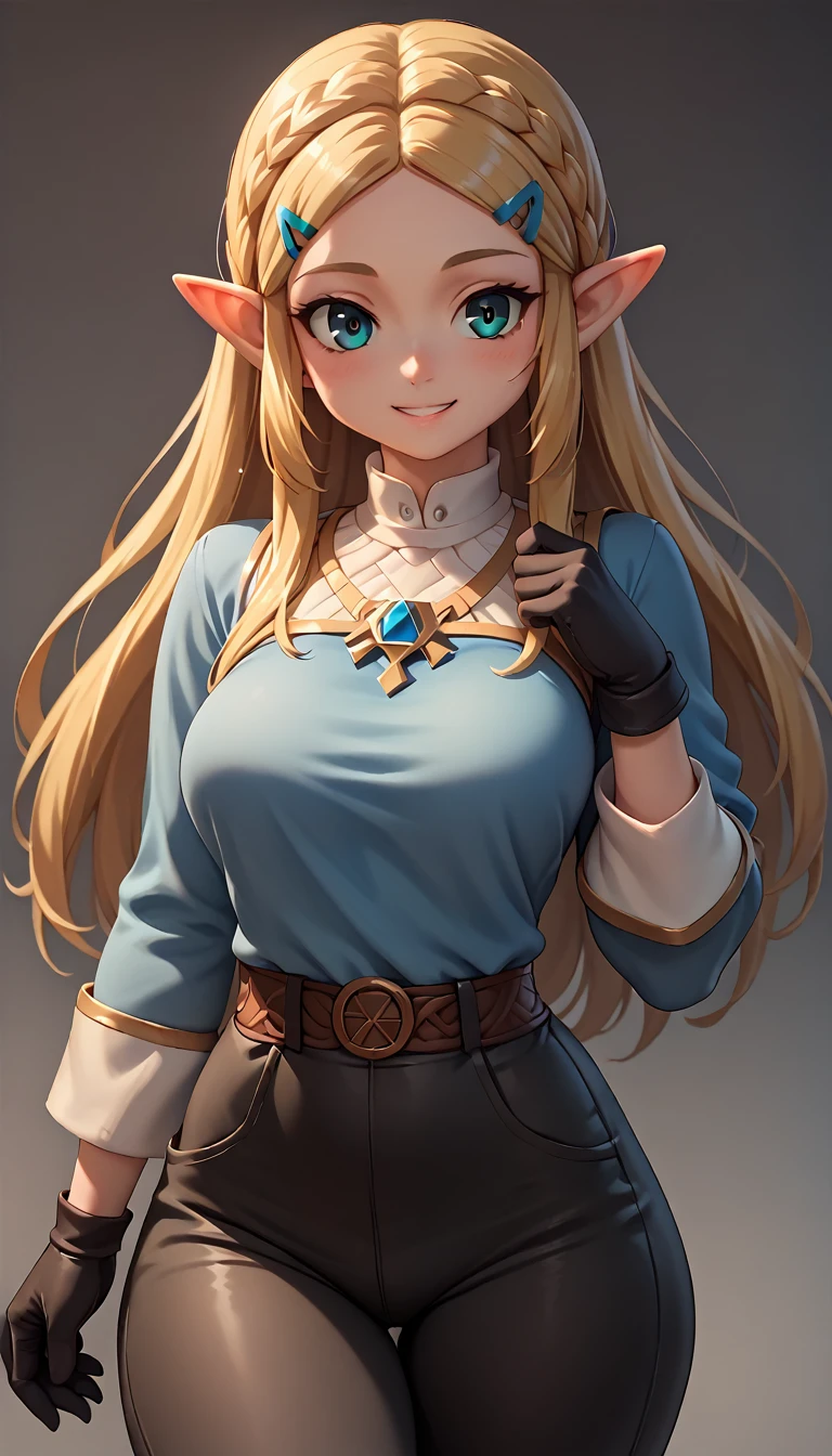 High resolution, Very detailed, perfect lighting, beautiful detailed eyes,   ((masterpiece,Best Quality)), absurdities, alone,     princess zelda, by the width, crown braid, Hair clip, pointy ears, blue shirt, long sleeves, Gloves without fingers, black gloves, Black pants, tight pants, smile, curves, nod,   ,  deep neckline, deep neckline 