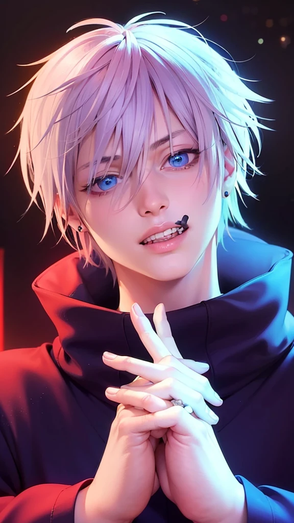 masculine male, masterpiece, ((perfect eyes)) best quality, (semirealism:1.9), beautiful lighting, (extremely detailed CG unity 4k fhd wallpaper), High Detail, Sharp focus, dramatic outdoors, 1 boy ,19 years old, white hair, light purpel eyes, smile.