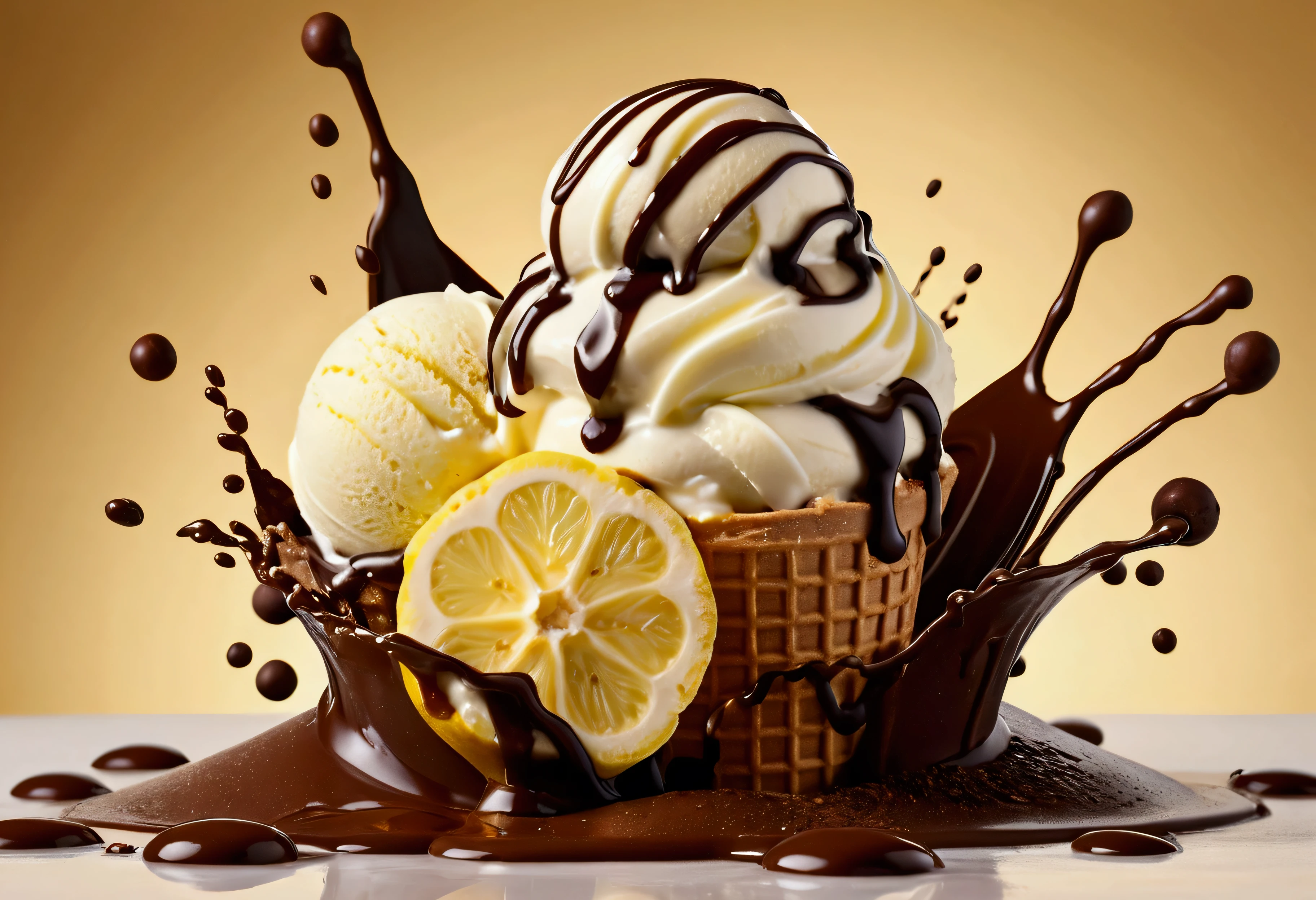 a picture of a lemon and banana flavor ice cream, yogurt and chocolate splashing in the elegant cream color background like in a commercial, everything in focus