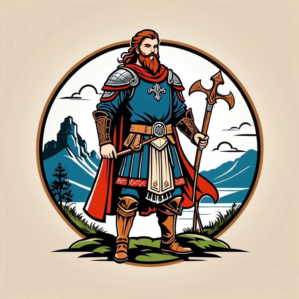 paladin in scotish folk outfit, vector graphics, strong contours, logo design
