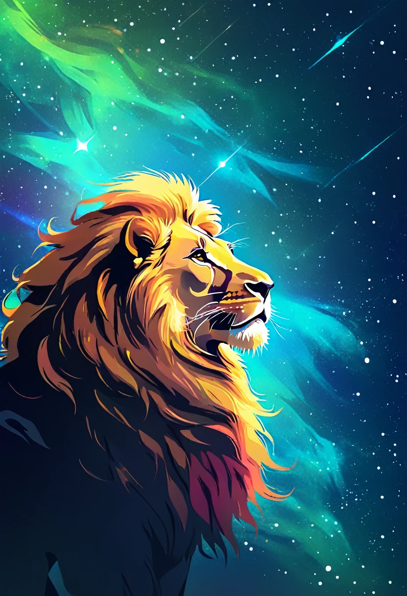 a lion silhouette composed by bright stars. Cosmic background