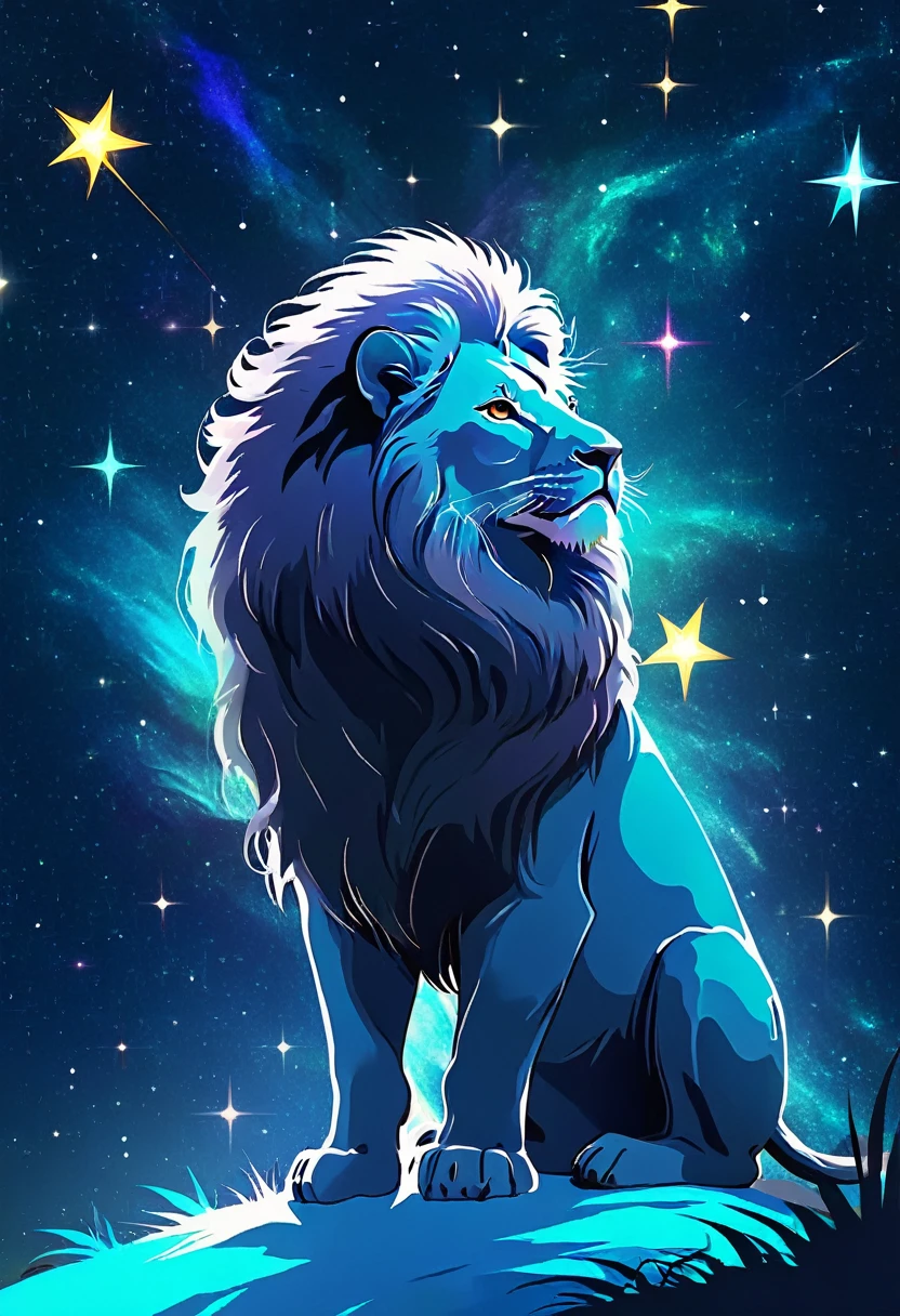 a lion silhouette composed by bright stars. Cosmic background