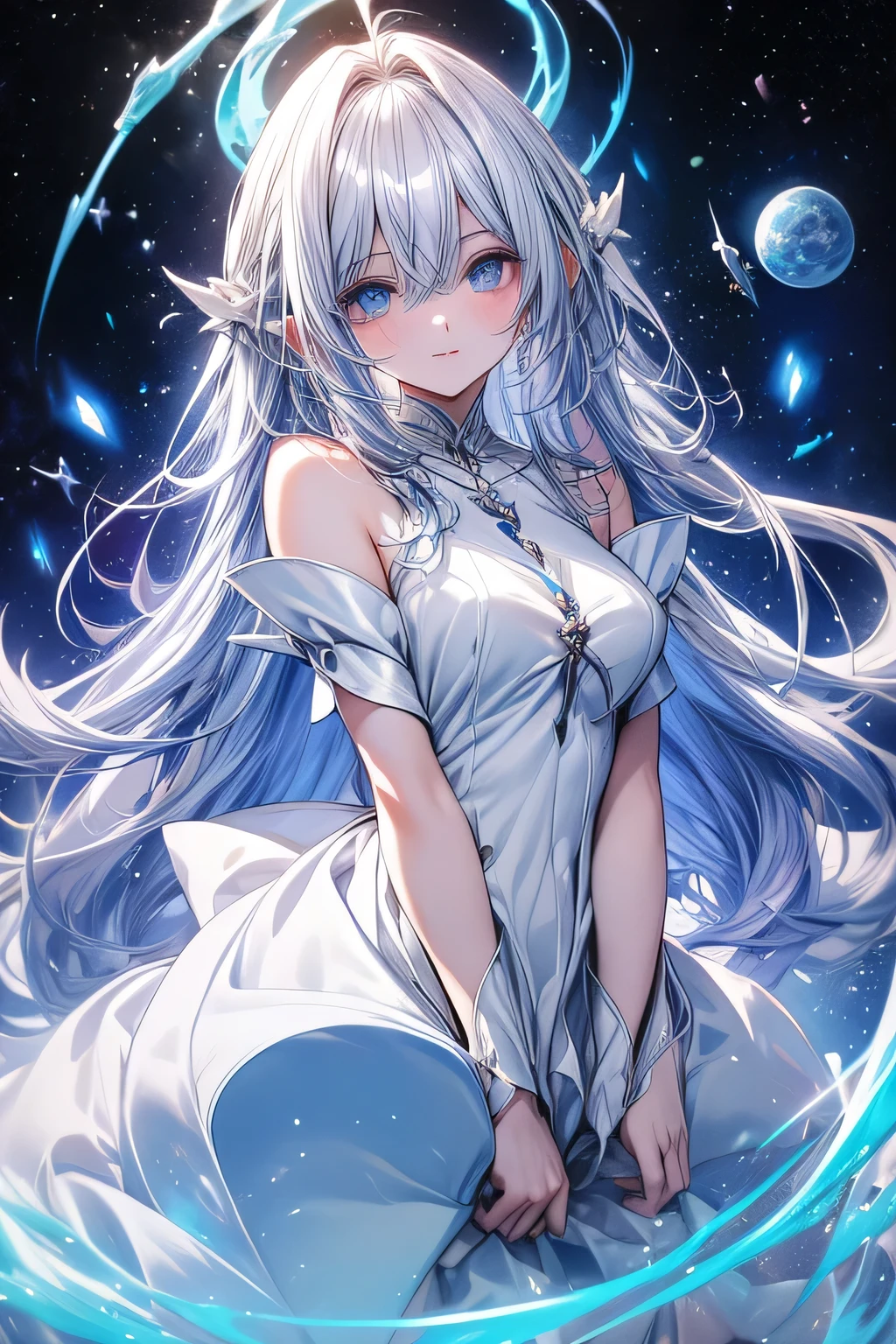 Beautiful woman from space。White Hair。long hair。Blue Eyes。Dragon scale dress。Fantasy。Angelic。High-quality anime。