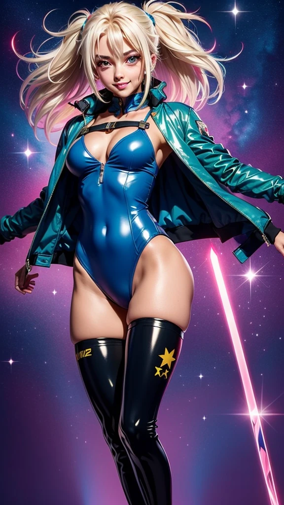 (Photorealsitic:1.2),1 ,10 years old,Magical Girl Lyrical Nanoha,Fate Testarossa,((highleg leotard)),(pink latex leotard),Blonde,Twin-tailed,long boots,Sparkling Wand,shining barrier jacket,Cute magic wand,Magic symbols on wand and barrier jacket,beautifully detailed eyes,shining magic sparkle,Rainbow colors,Fiery background,An enchanted forest,Girl flying in the sky,express determination and courage,With a confident smile,Emerald green eyes,Flowing blonde hair,flowing magic ribbon,happy and lively atmosphere,sparkling stars, magical glow.