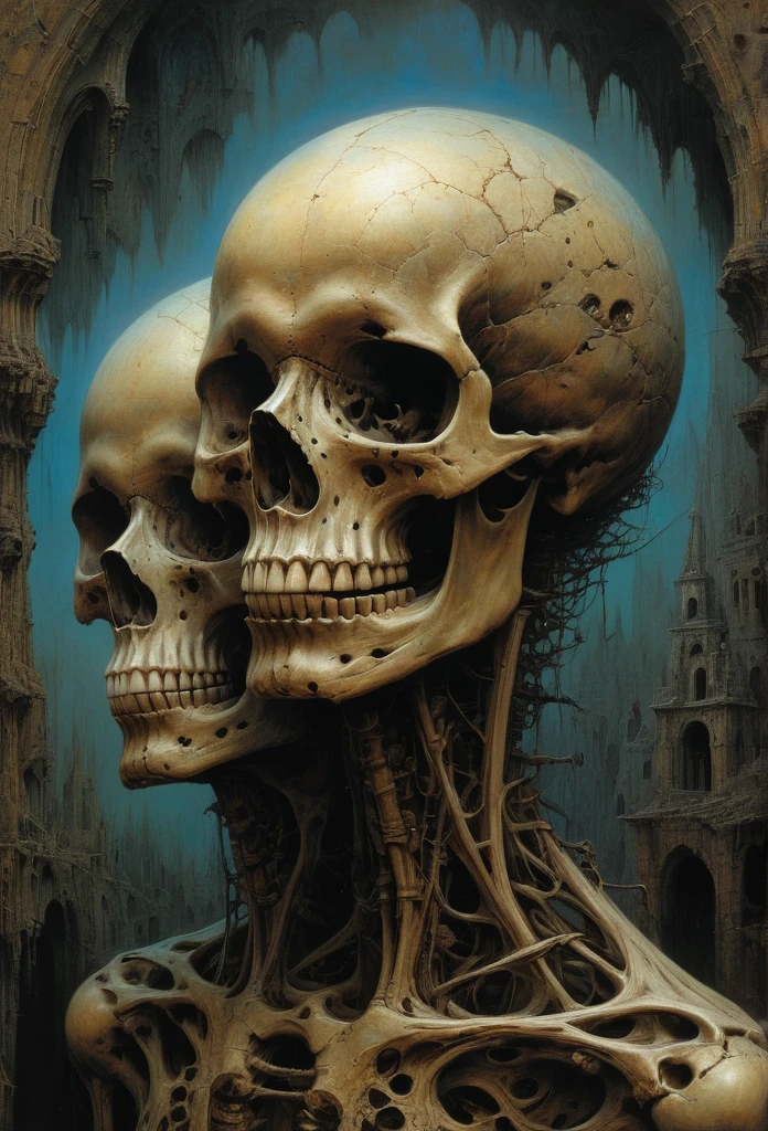 gothic aesthetic by Zdzislaw Beksinski, best quality, masterpiece, Ultra intricate detail, 8k 
Calavera con una dimension en ls cabeza, en medio del universo