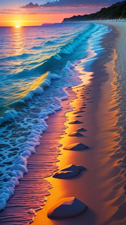 Image of sunset on the beach, with paths of bright stones various colors. crystal clear and bright seawater (best quality)