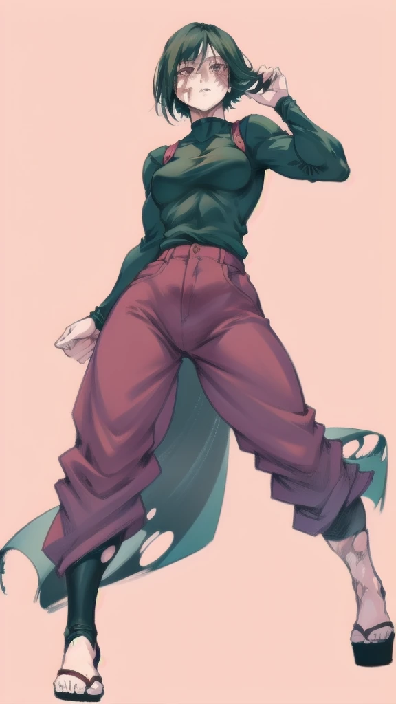 Full body image of Maki Zenin from Jujutsu Kaisen, full body in image, wearing her post-clan outfit (sleeves torn, harem pants), visible scars, short dark hair, female body, athletic and muscular body, dynamic pose, detailed pose, simple background, expressive face showing determination, focus on face, line art, sketch