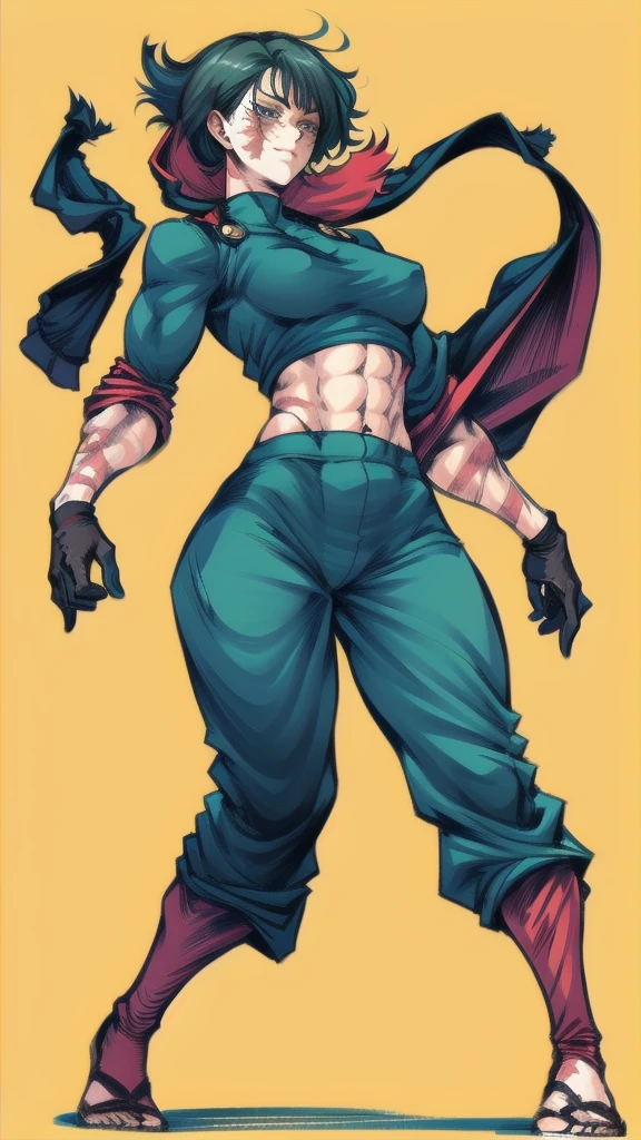 Full body image of Maki Zenin from Jujutsu Kaisen, full body in image, wearing her post-clan outfit (sleeves torn, harem pants), visible scars, short dark hair, female body, athletic and muscular body, dynamic pose, detailed pose, simple background, expressive face showing determination, focus on face, line art, sketch