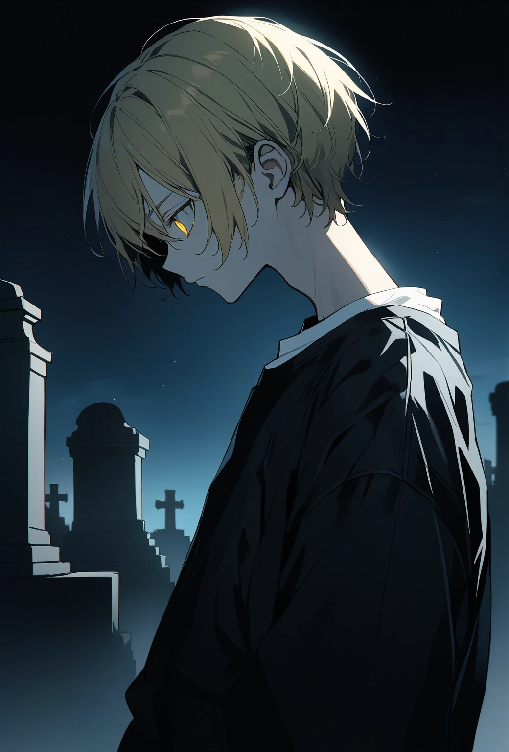 1boy, high, solo, age:17, black and yellow hair, closed mouth, yellow eyes, raised eyebrows, blank look, white t-shirt, black jacket, night, cemetery, looks down, from the side, detailed background, 