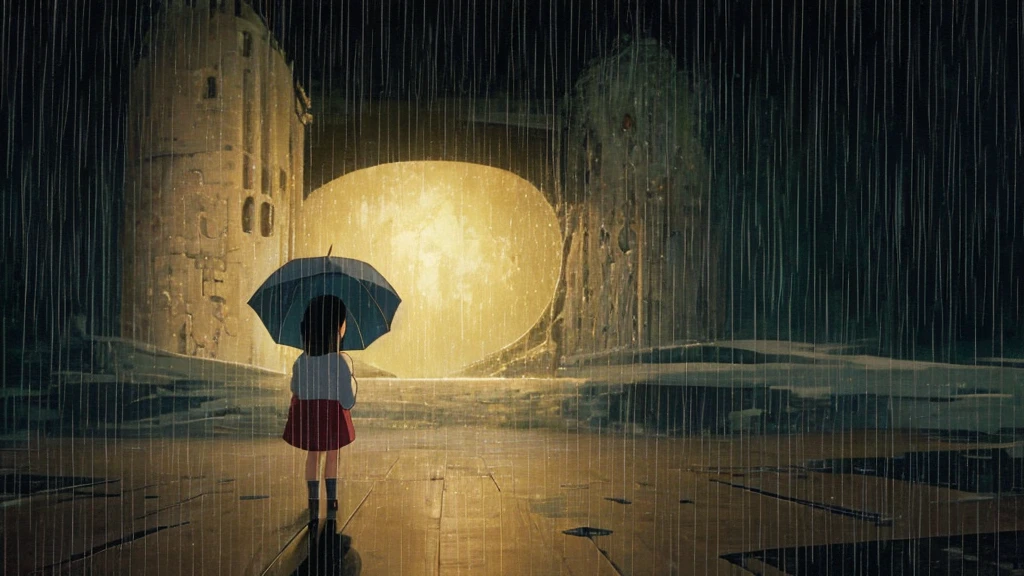 I have an image generator and I would like it to create a calm image in the style of Studio Ghibli, with rain and a slightly childlike aesthetic. I want the image to be simple, yet capture the fantastical world of Studio Ghibli, no characters please. This will be my background image. Thank you for creating this for me.