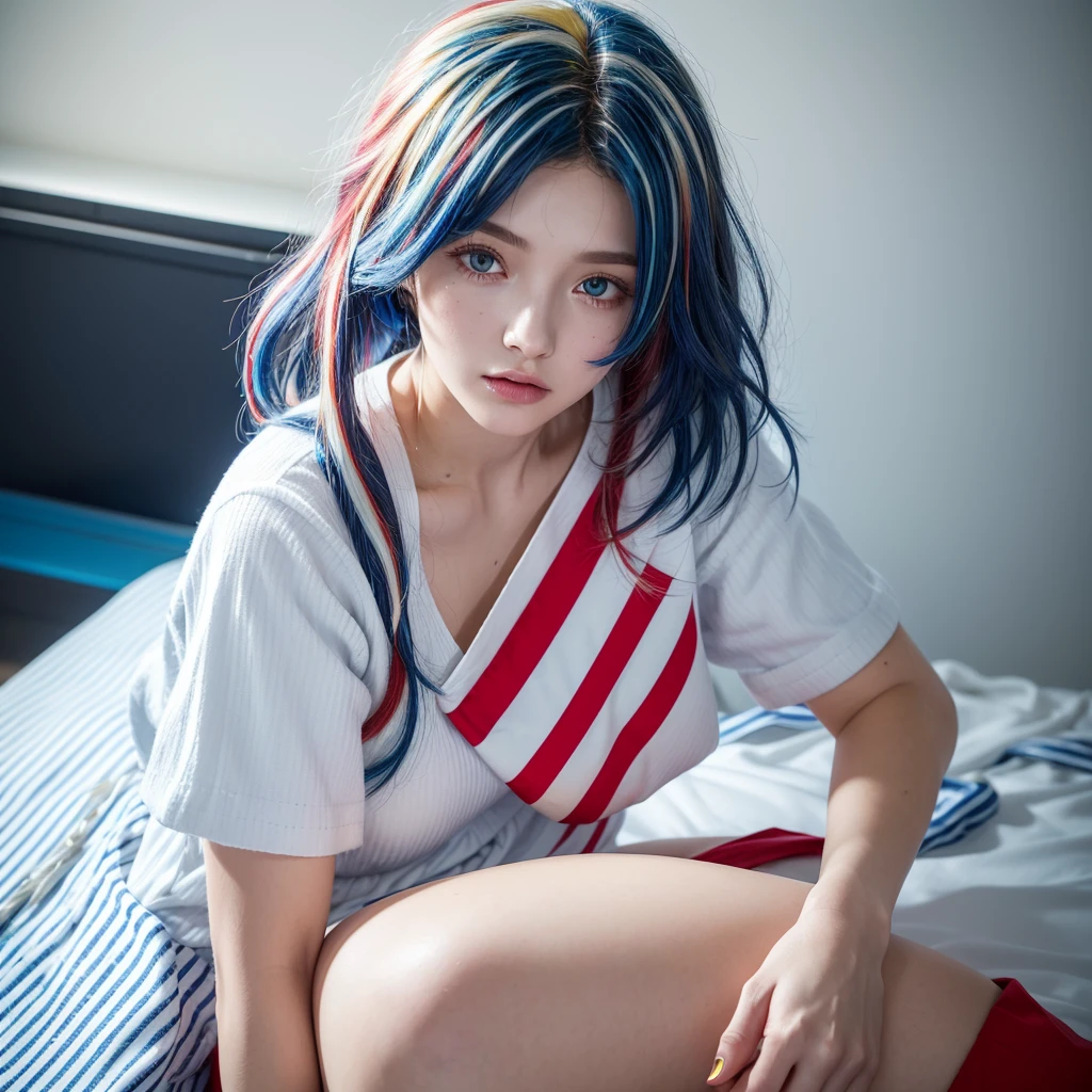 Mastepiece++, Best Quality++, Super fine++, Super fine++, Ray Tracing, 4K and above++, 8K and above++, A few details, (Background Focus )++,Young woman with a golden laurel wreath, (((Ultramarine Hair))), (((White dip hair dye))), (((Red striped hair))),Sailor,Sailor襟,White Shirt, skirt,anchor,