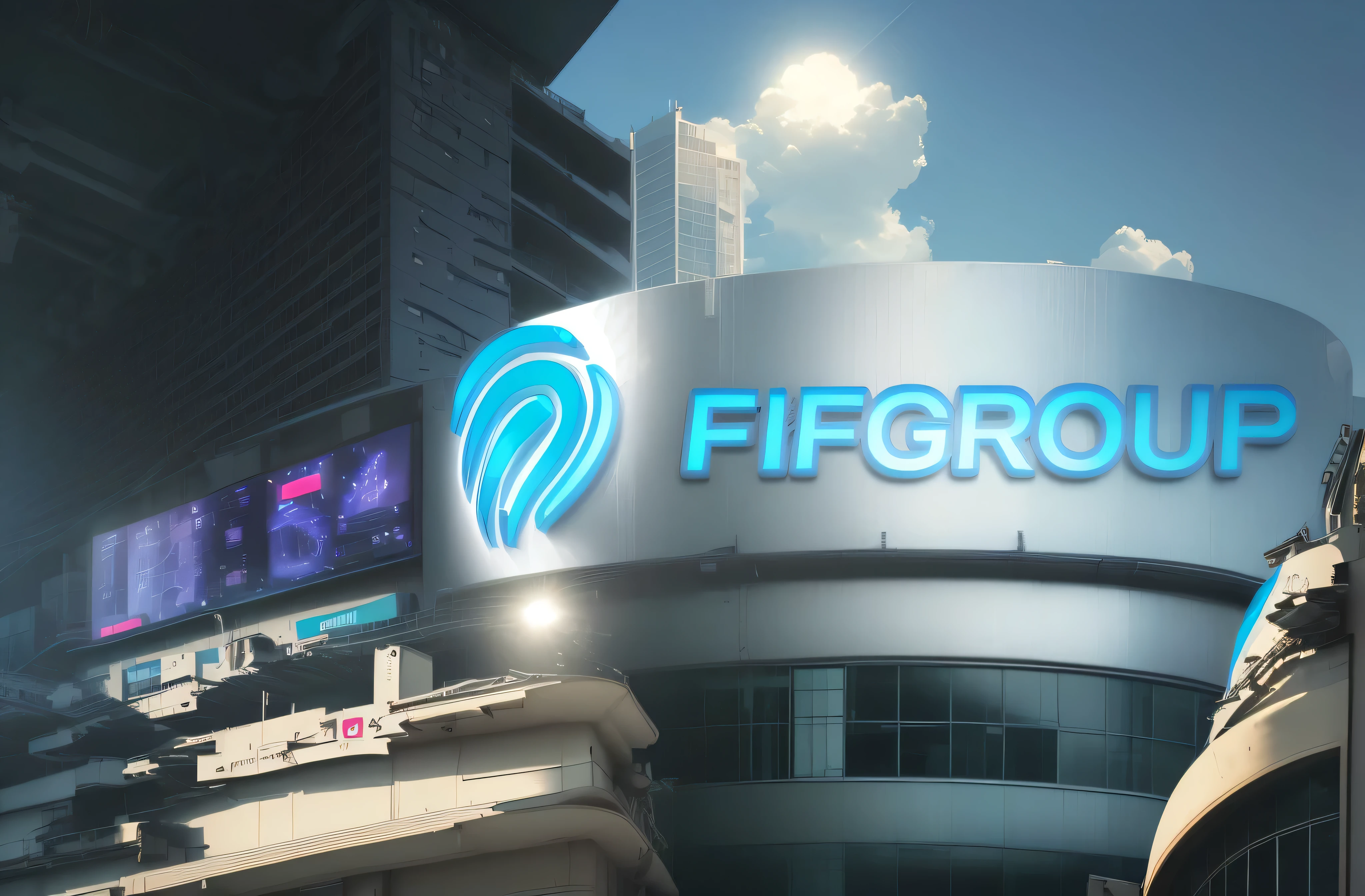 "FIFGROUP" logo on a building, With a digital clock beside it