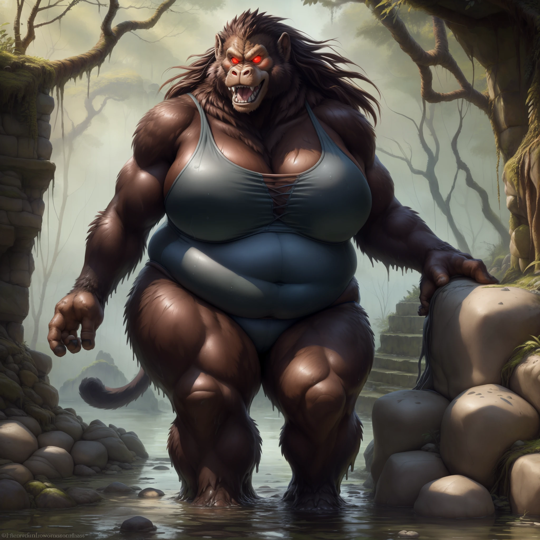 solo, breath (ultra detailed), a beautiful and detailed full size portrait of a female anthro gorilla, oozaru, brown fur, fur body, monkey tail, red eyes, close up view, glowing eyes, empty eyes, tail, bedroom eyes, detailed eyes, big body, sexy body, (wide body). goddess, kenket, Ross Tran,ruan jia, trending on artstation,foxovh, cenematic lighting, front view, big breaths, huge boobs, big , big fat , big , big , big , wet, raining, day, fat, obese, (((stone hallway, distant swamp, little rocks, walking outside water, stairs,seductive))), curvy figure, (((one piece bikini))), angry, open mouth, blush,
