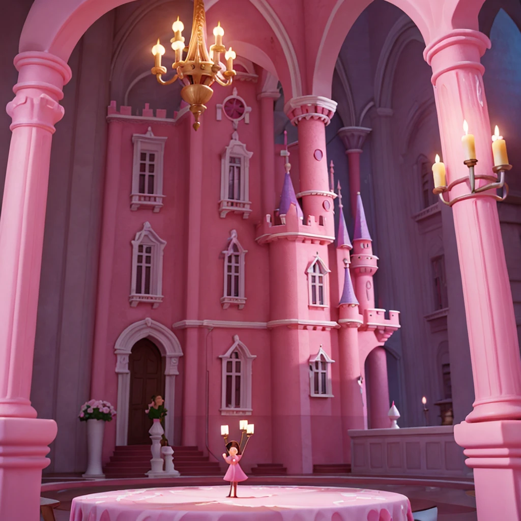 Affiche 3D inspirée de Disney Pixar , pink and silver interior of a castle , luxurious and magical , with a candlestick