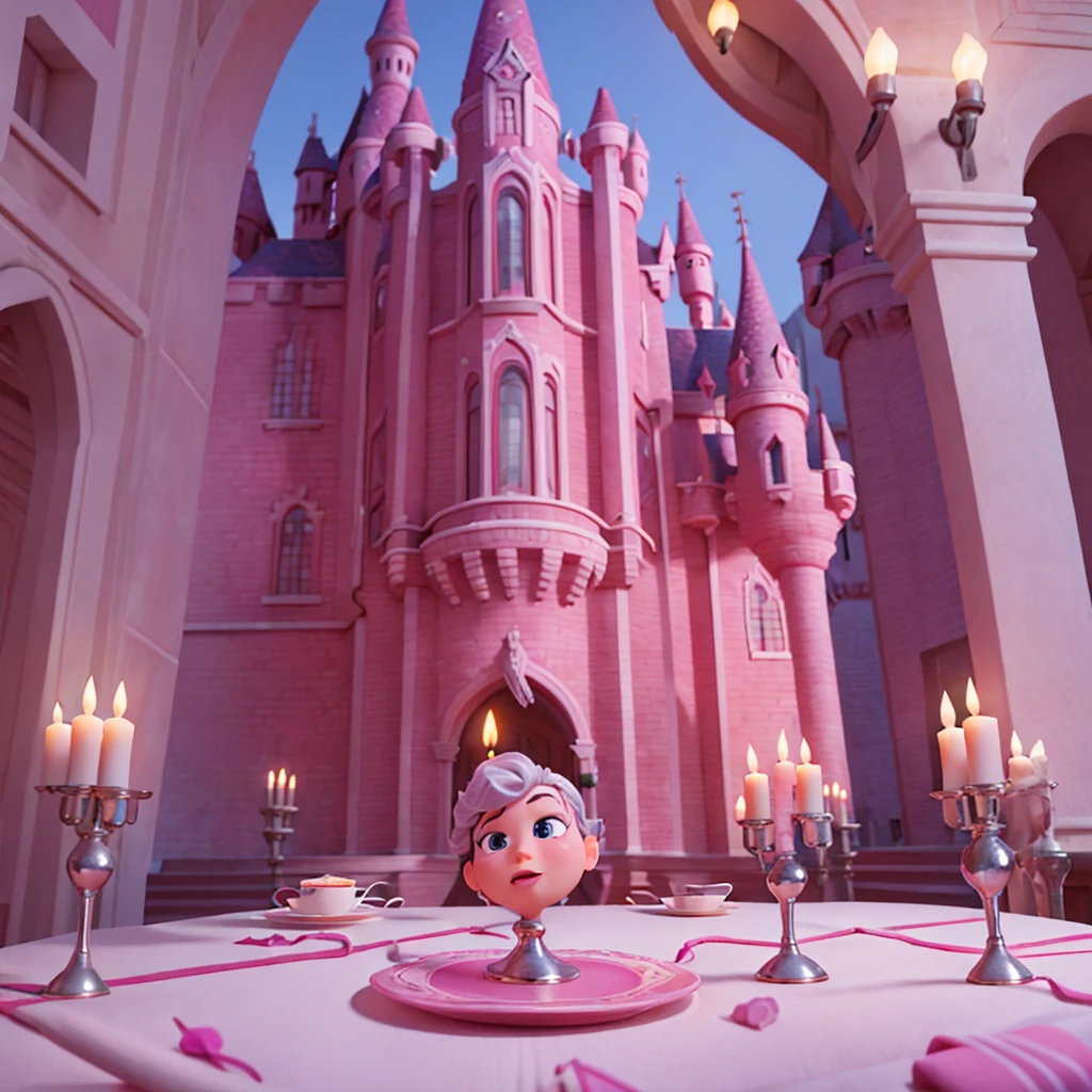 Affiche 3D inspirée de Disney Pixar , pink and silver interior of a castle , luxurious and magical , with a candlestick