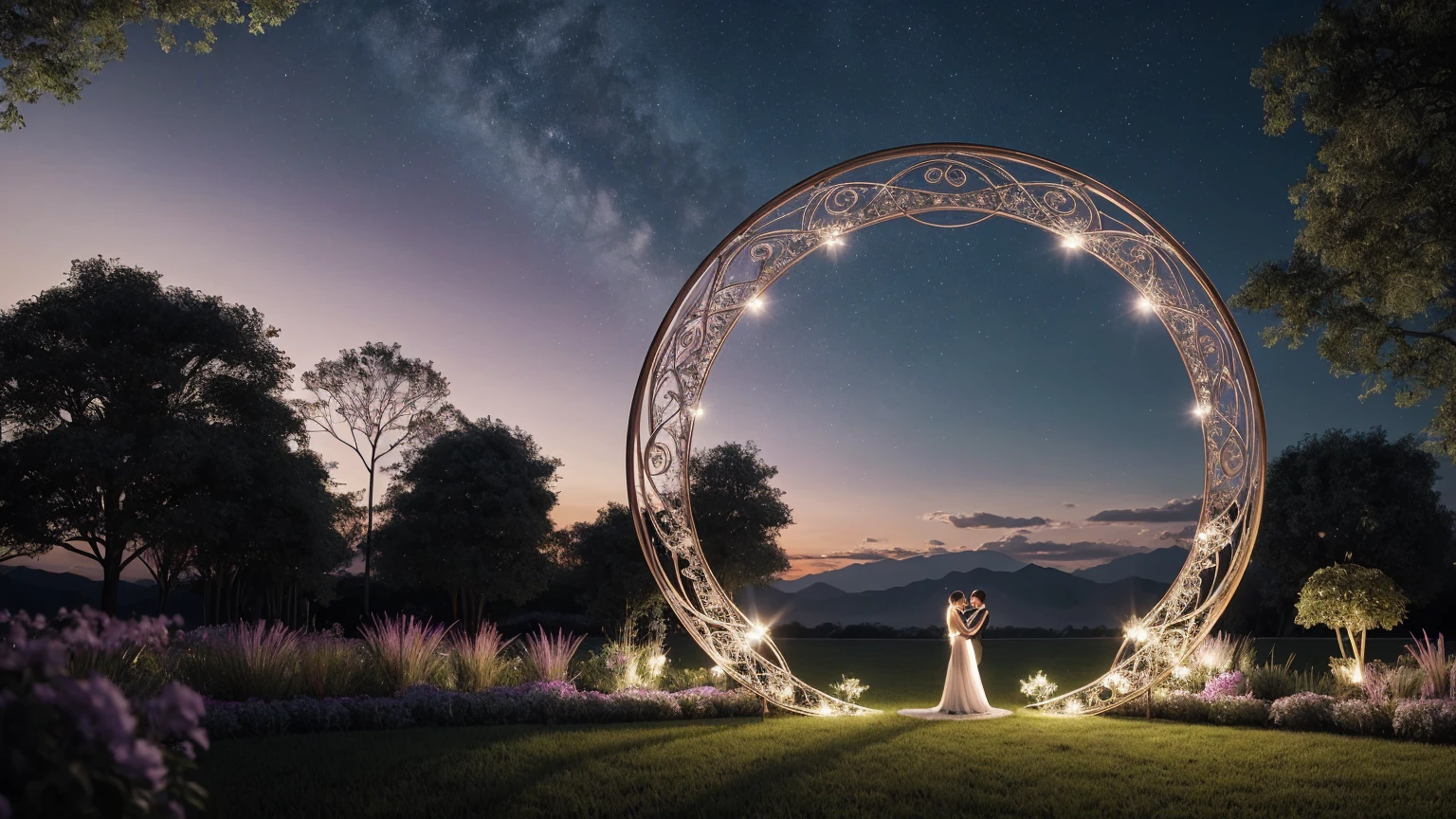 A breathtaking and fantastical portal materializes before you, its circular frame shimmering with an otherworldly energy. Within its depths, swirling nebulae of vibrant purples, blues, and pinks dance in a cosmic ballet, their colors blending and separating in mesmerizing patterns. At the center of this celestial display, an alluring light beckons, its warm golden glow promising untold wonders beyond.Surrounding the portal, lush and photorealistic green vines intertwine and climb, their leaves a rich emerald hue. The plants seem almost alive, reaching towards the portal as if drawn by its magnetic presence. Delicate tendrils curl and twist, creating an organic frame that perfectly complements the ethereal gateway.The atmosphere around the portal is thick with mystery and anticipation. A gentle breeze stirs the air, carrying with it countless shimmering, silver motes of dust. These magical particles dance and swirl in the air, catching the light and creating a dazzling display of twinkling stars that orbit the portal.Emerging from the very center of the portal, floating in three-dimensional space, are the words "". The text appears sculpted from pure energy, its surface smooth and reflective. The letters glow with an intense blue light, casting subtle shadows and highlights that emphasize their volume and depth.The text itself is a masterpiece of color, featuring a gradient that smoothly transitions from a soft, dreamy pink to a pure, crisp white. This gradient flo