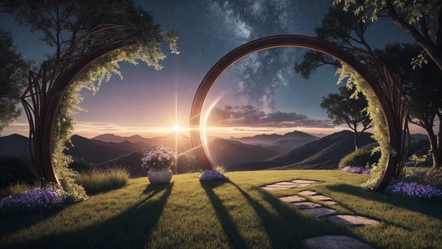 A breathtaking and fantastical portal materializes before you, its circular frame shimmering with an otherworldly energy. Within its depths, swirling nebulae of vibrant purples, blues, and pinks dance in a cosmic ballet, their colors blending and separating in mesmerizing patterns. At the center of this celestial display, an alluring light beckons, its warm golden glow promising untold wonders beyond.Surrounding the portal, lush and photorealistic green vines intertwine and climb, their leaves a rich emerald hue. The plants seem almost alive, reaching towards the portal as if drawn by its magnetic presence. Delicate tendrils curl and twist, creating an organic frame that perfectly complements the ethereal gateway.The atmosphere around the portal is thick with mystery and anticipation. A gentle breeze stirs the air, carrying with it countless shimmering, silver motes of dust. These magical particles dance and swirl in the air, catching the light and creating a dazzling display of twinkling stars that orbit the portal.Emerging from the very center of the portal, floating in three-dimensional space, are the words "". The text appears sculpted from pure energy, its surface smooth and reflective. The letters glow with an intense blue light, casting subtle shadows and highlights that emphasize their volume and depth.The text itself is a masterpiece of color, featuring a gradient that smoothly transitions from a soft, dreamy pink to a pure, crisp white. This gradient flo
