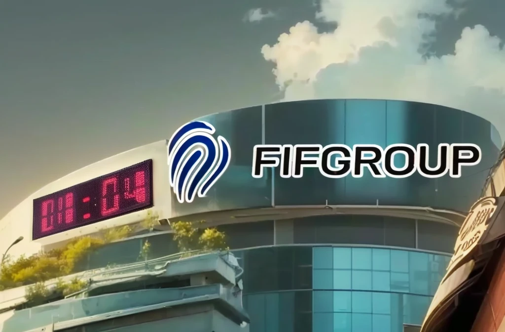 "FIFGROUP" logo on a building, With a digital clock beside it